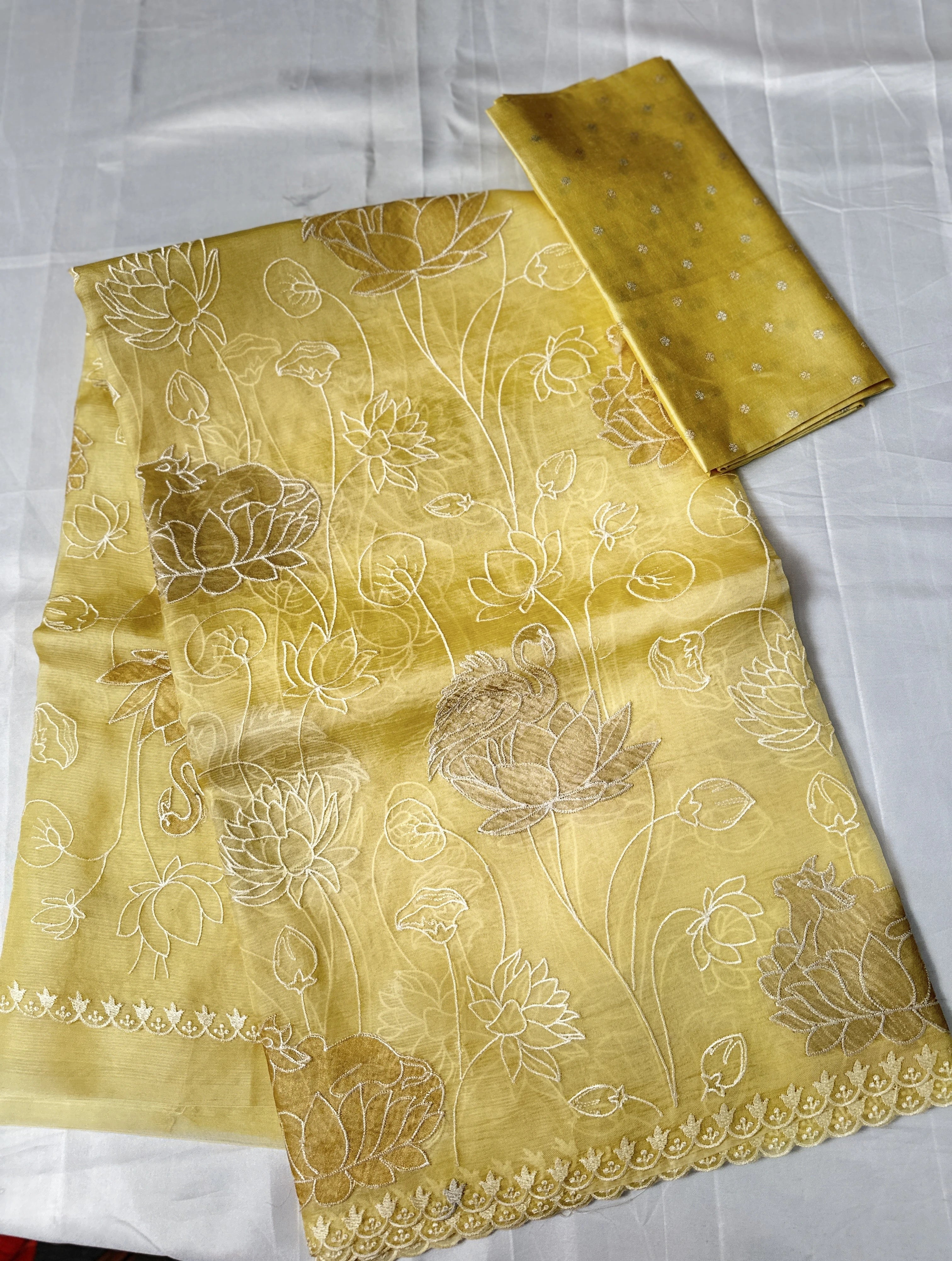 Vibrant Yellow Organza Tissue Applique Embroidery Saree
