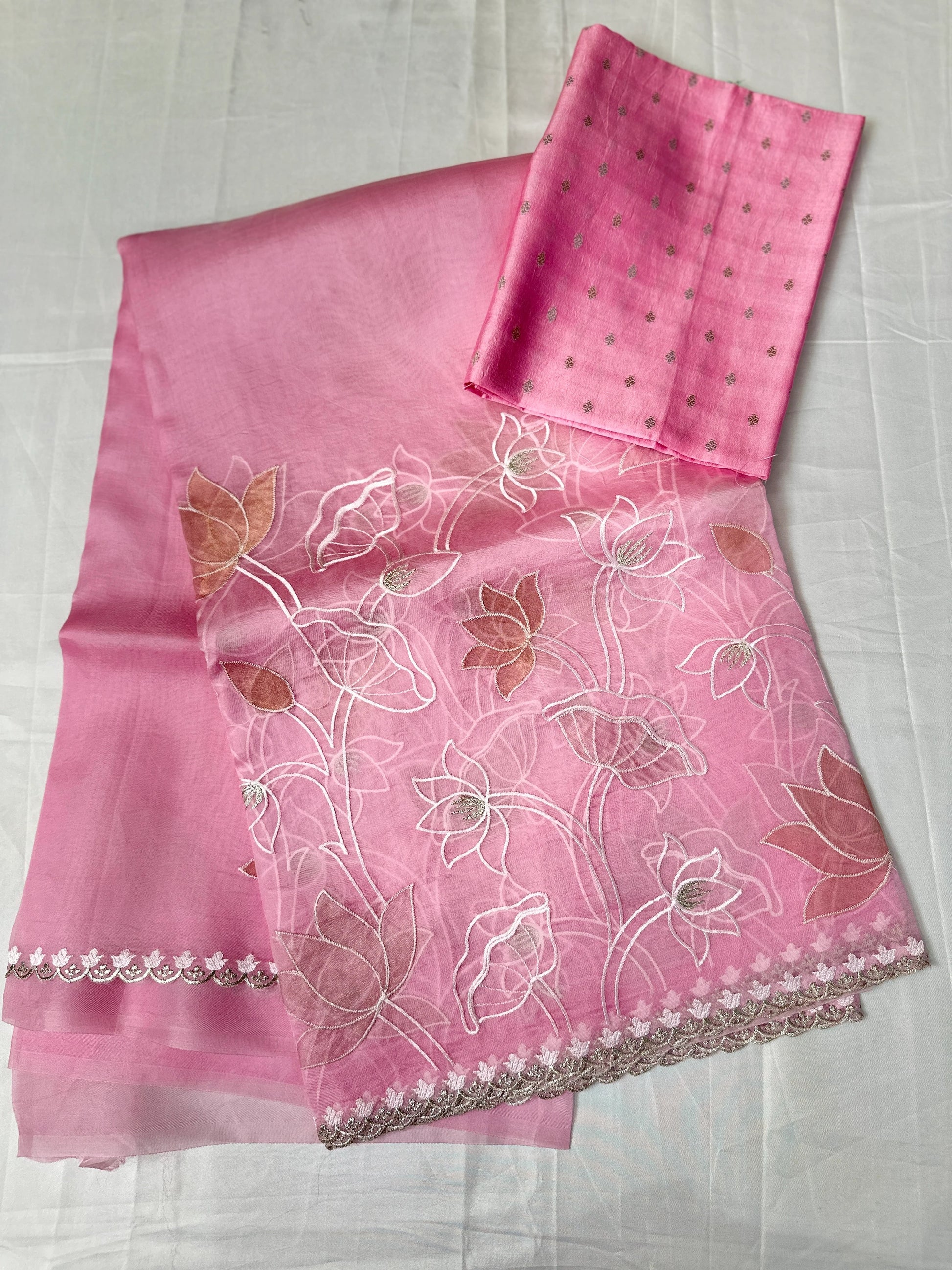 Delicate Dark Pink Organza Tissue Applique Embroidery Saree