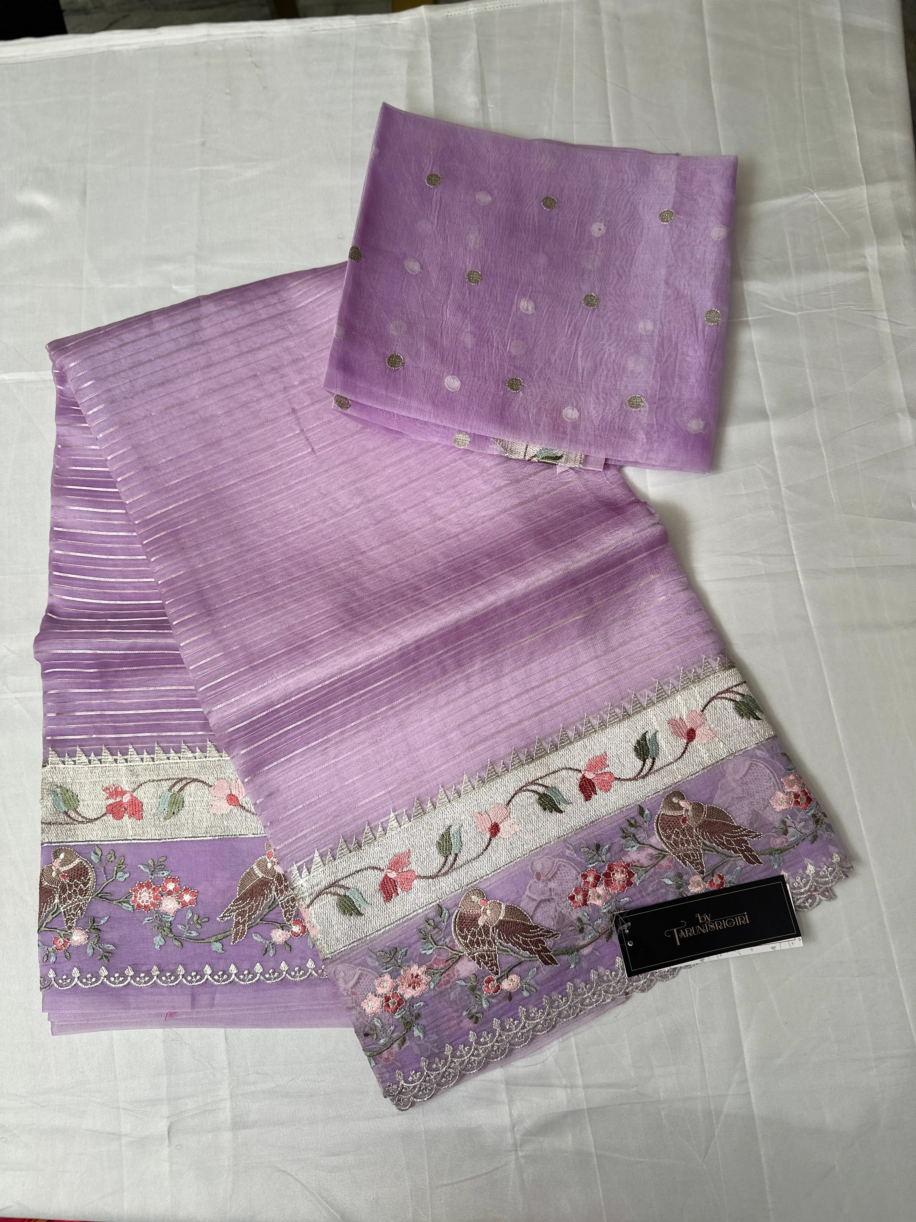 Elegant Purple Chanderi Stripes Resham Embroidery Saree