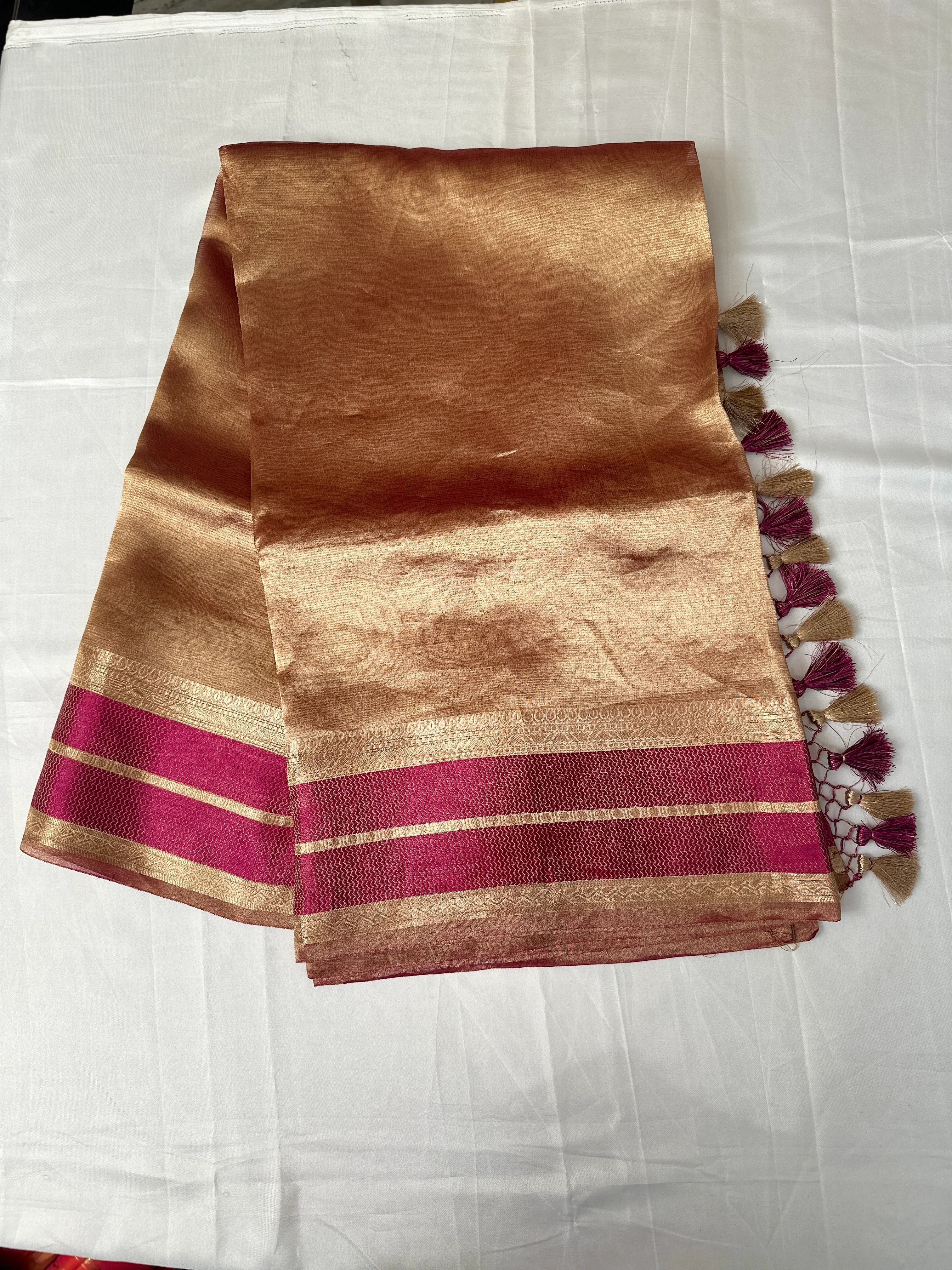 Elegant Rose Gold Tissue Self Weaver Embroidery Saree