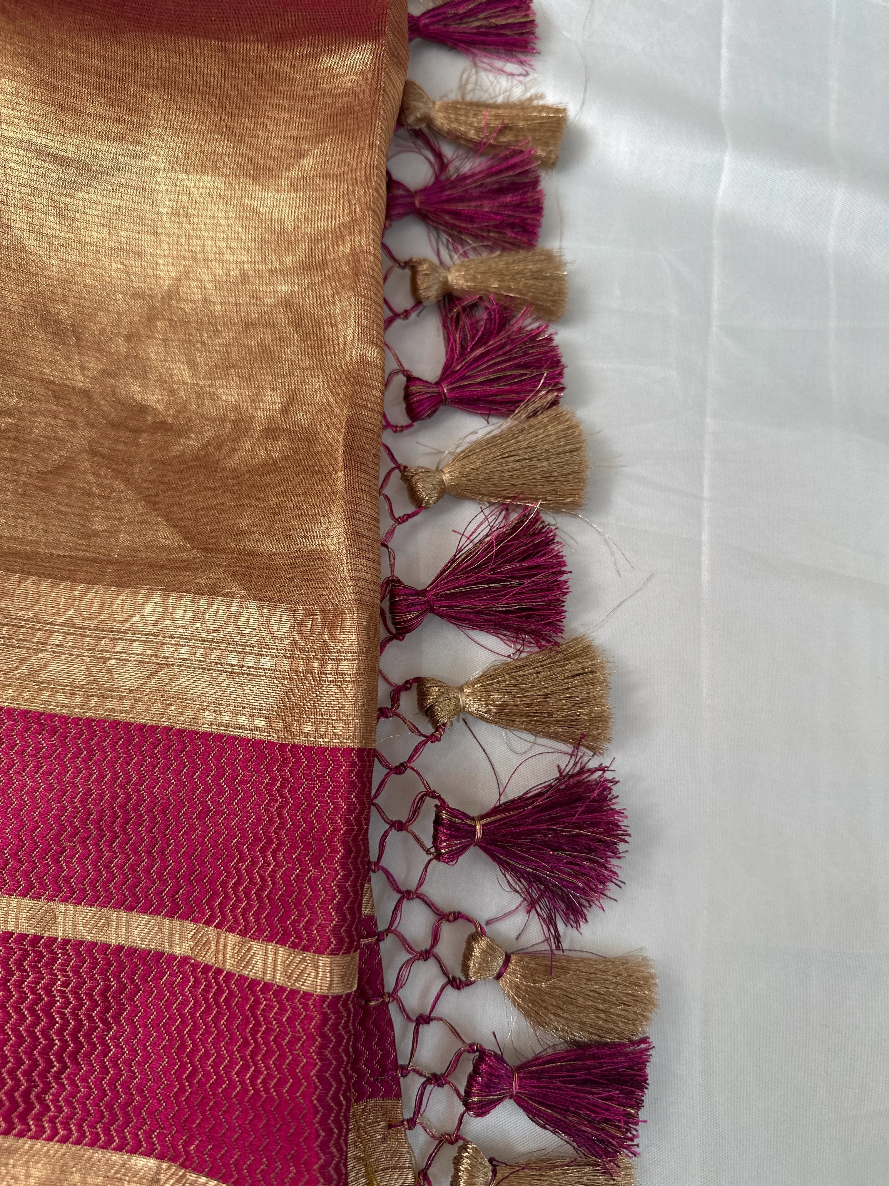 Elegant Rose Gold Tissue Self Weaver Embroidery Saree