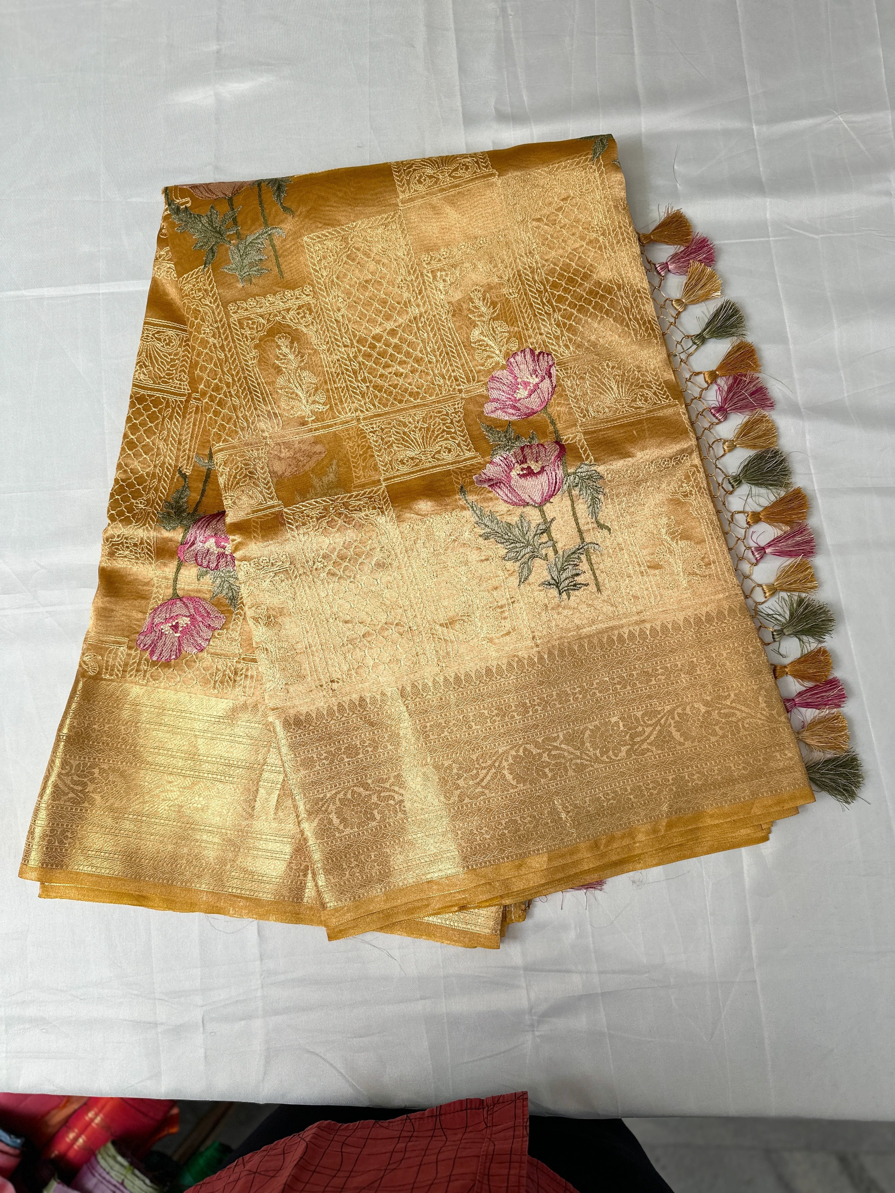 Luxurious Gold Tissue Self Weaver Embroidery Saree
