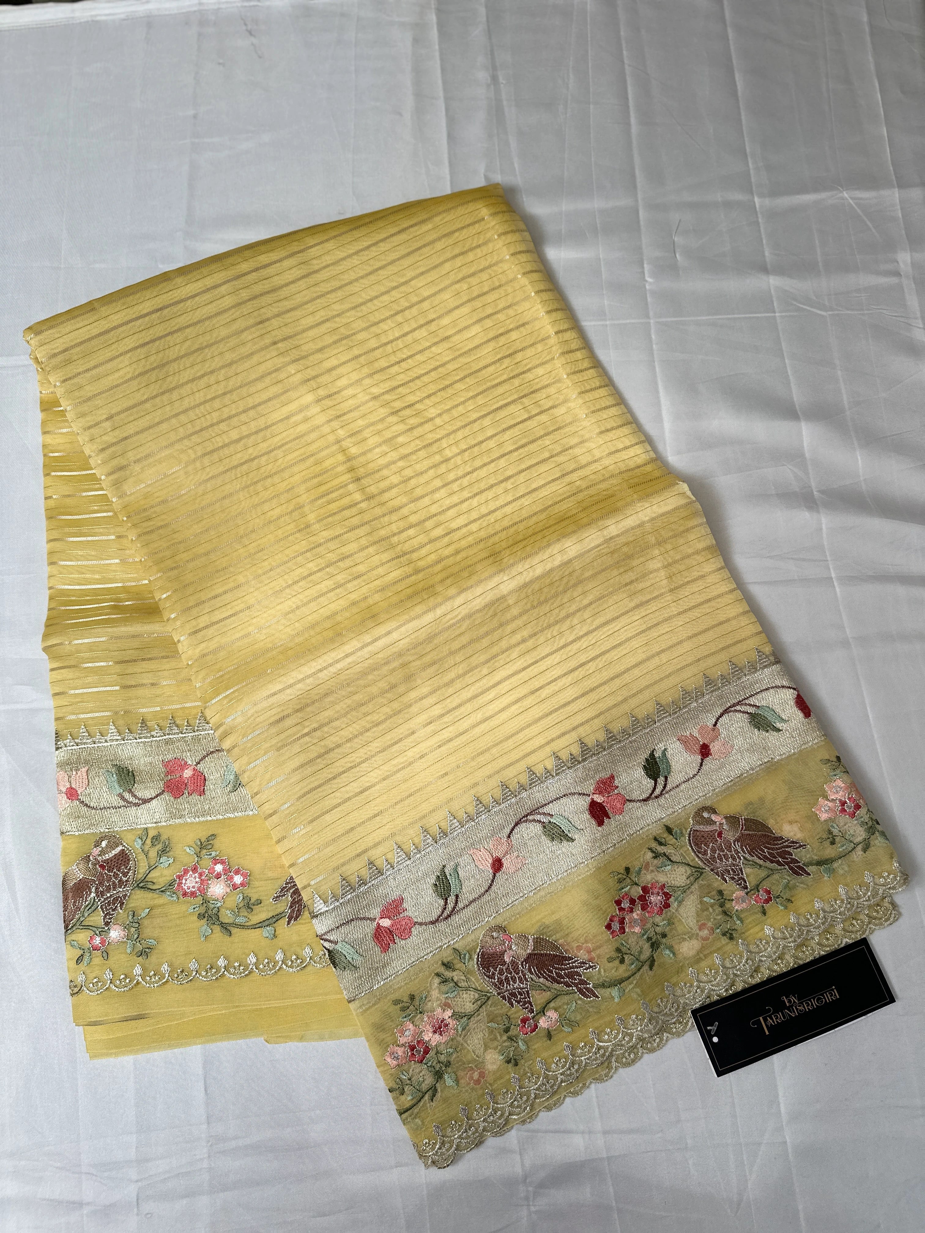 Cheerful Yellow Chanderi Stripes Resham Embroidery Saree