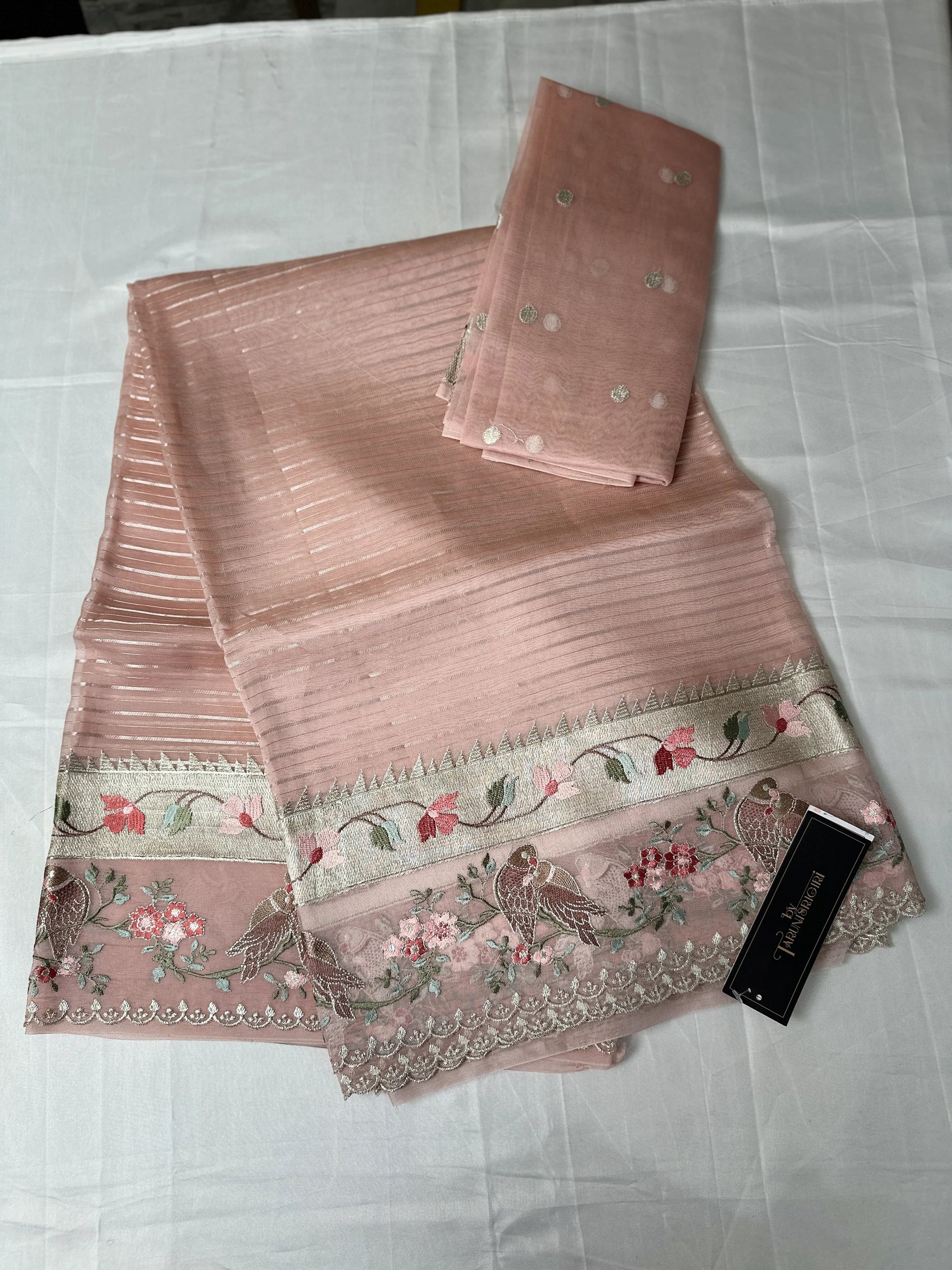 Graceful Light Pink Chanderi Stripes Resham Embroidery Saree