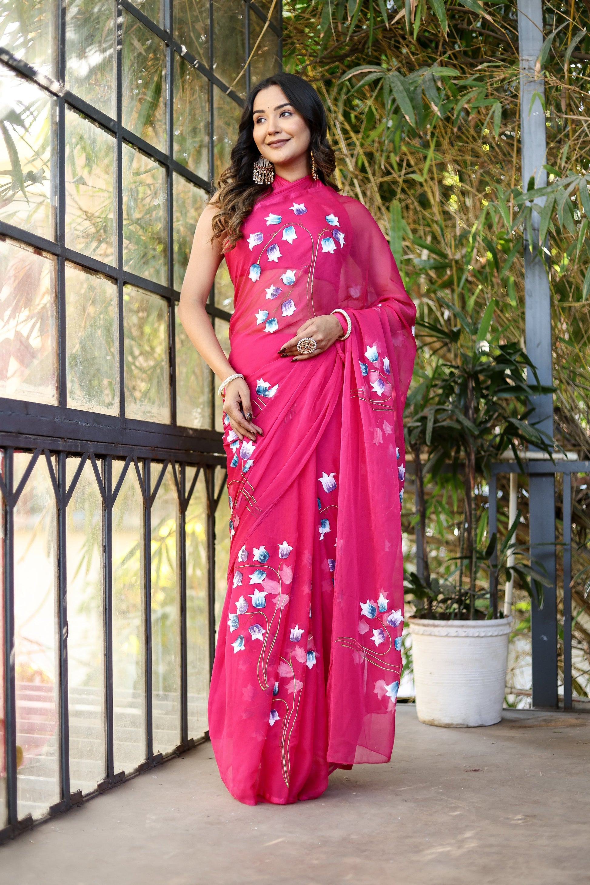 Delicate Pink Chiffon Handpainted Saree Floral