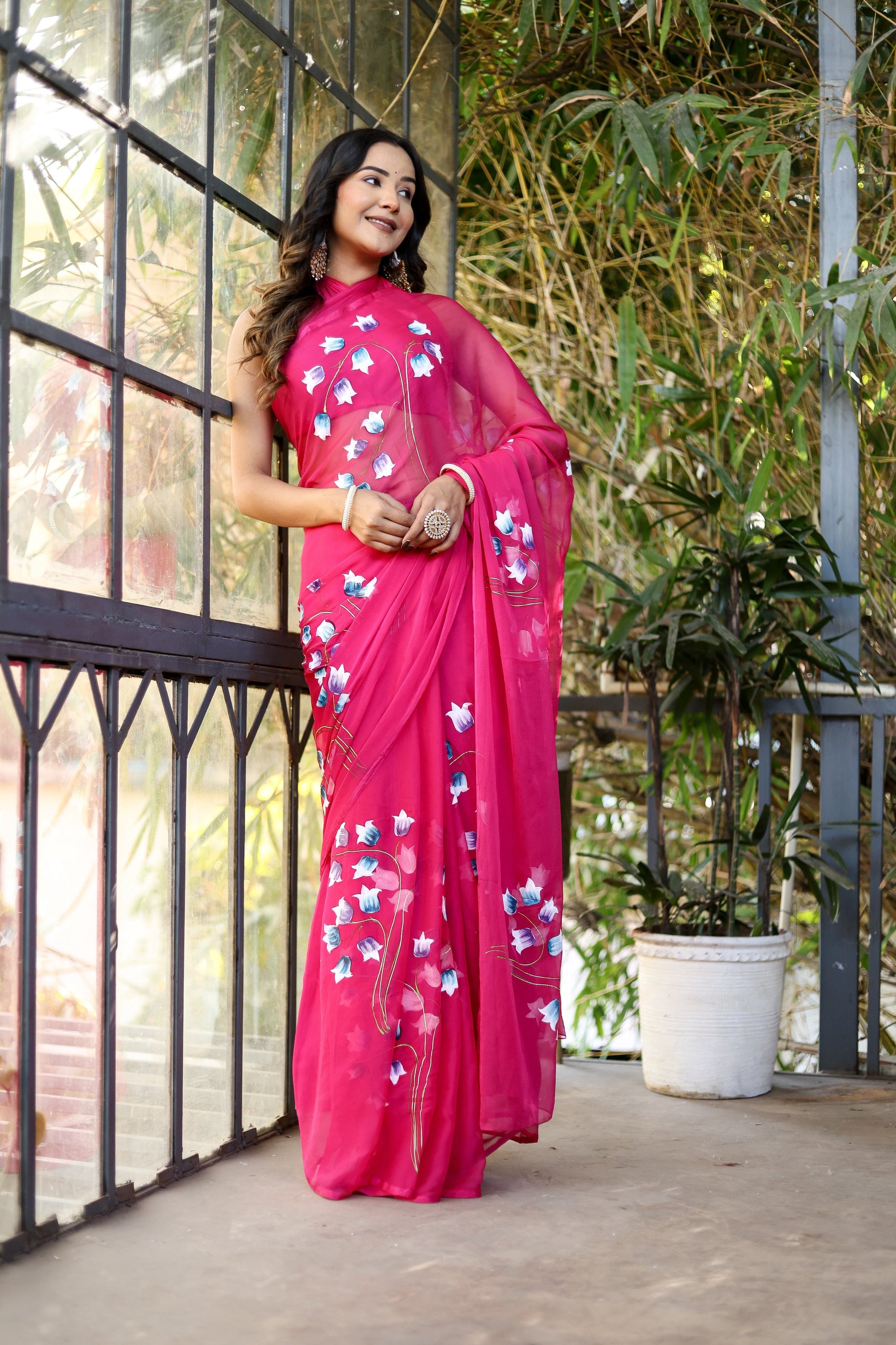 Delicate Pink Chiffon Handpainted Saree Floral