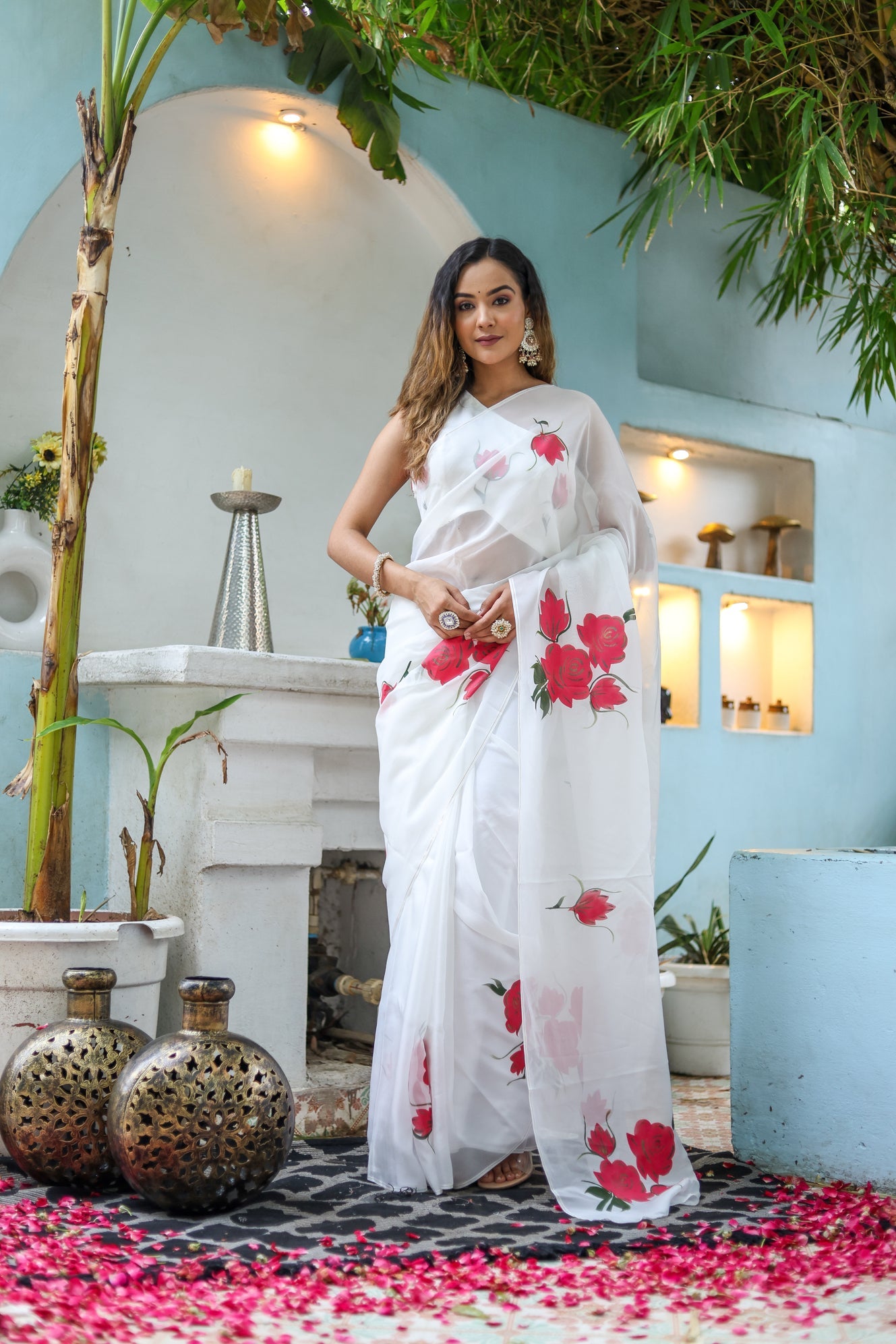 Serene White Pink Viscose Organza Handpainted Saree Floral