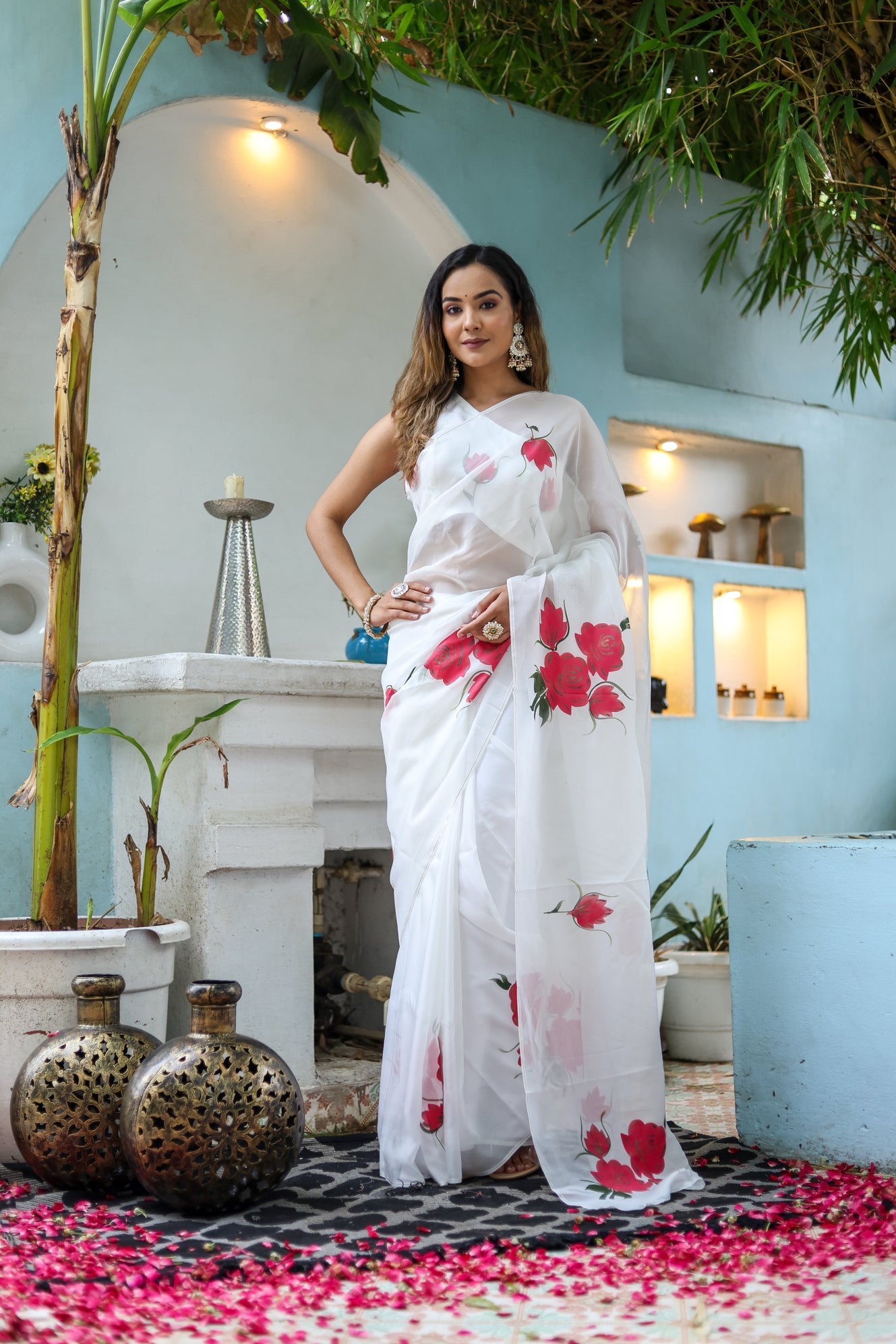 Serene White Pink Viscose Organza Handpainted Saree Floral