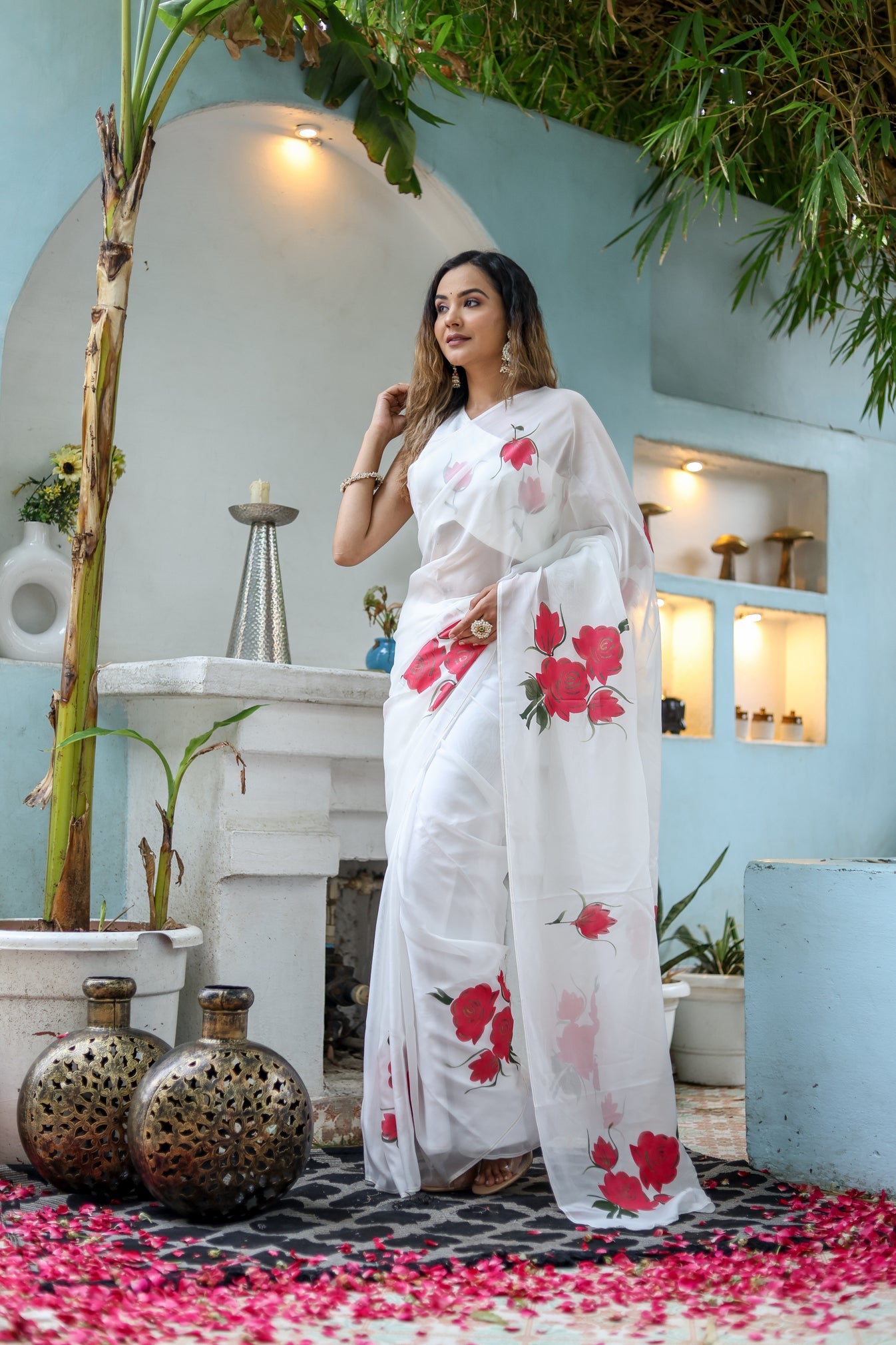 Serene White Pink Viscose Organza Handpainted Saree Floral