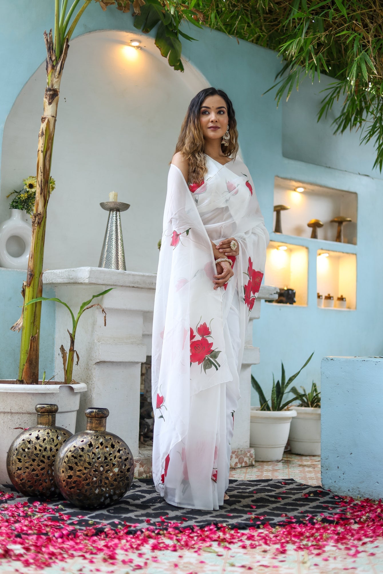 Serene White Pink Viscose Organza Handpainted Saree Floral