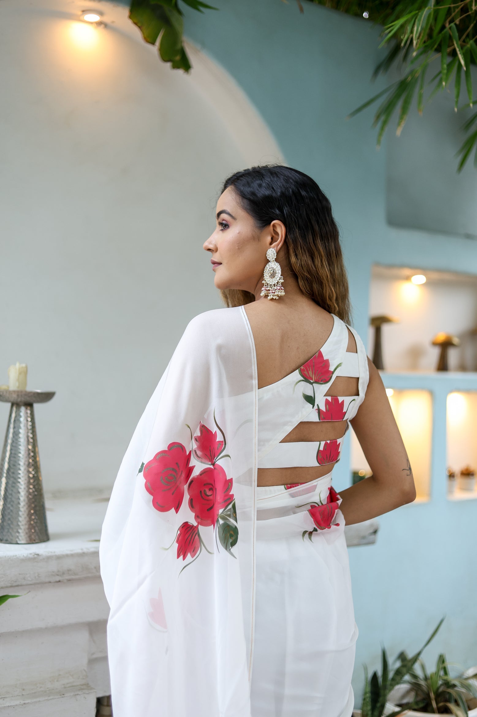 Serene White Pink Viscose Organza Handpainted Saree Floral