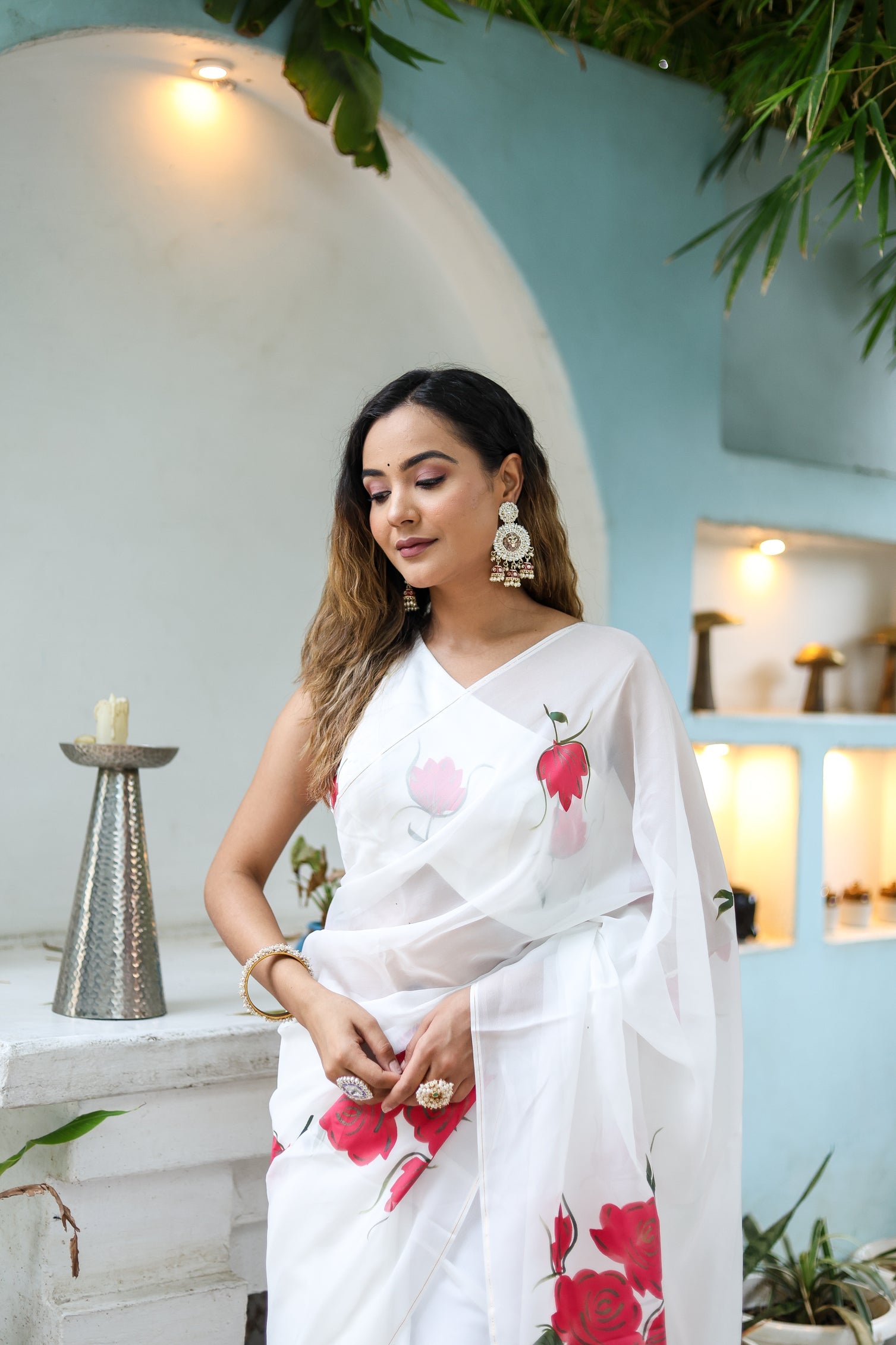 Serene White Pink Viscose Organza Handpainted Saree Floral