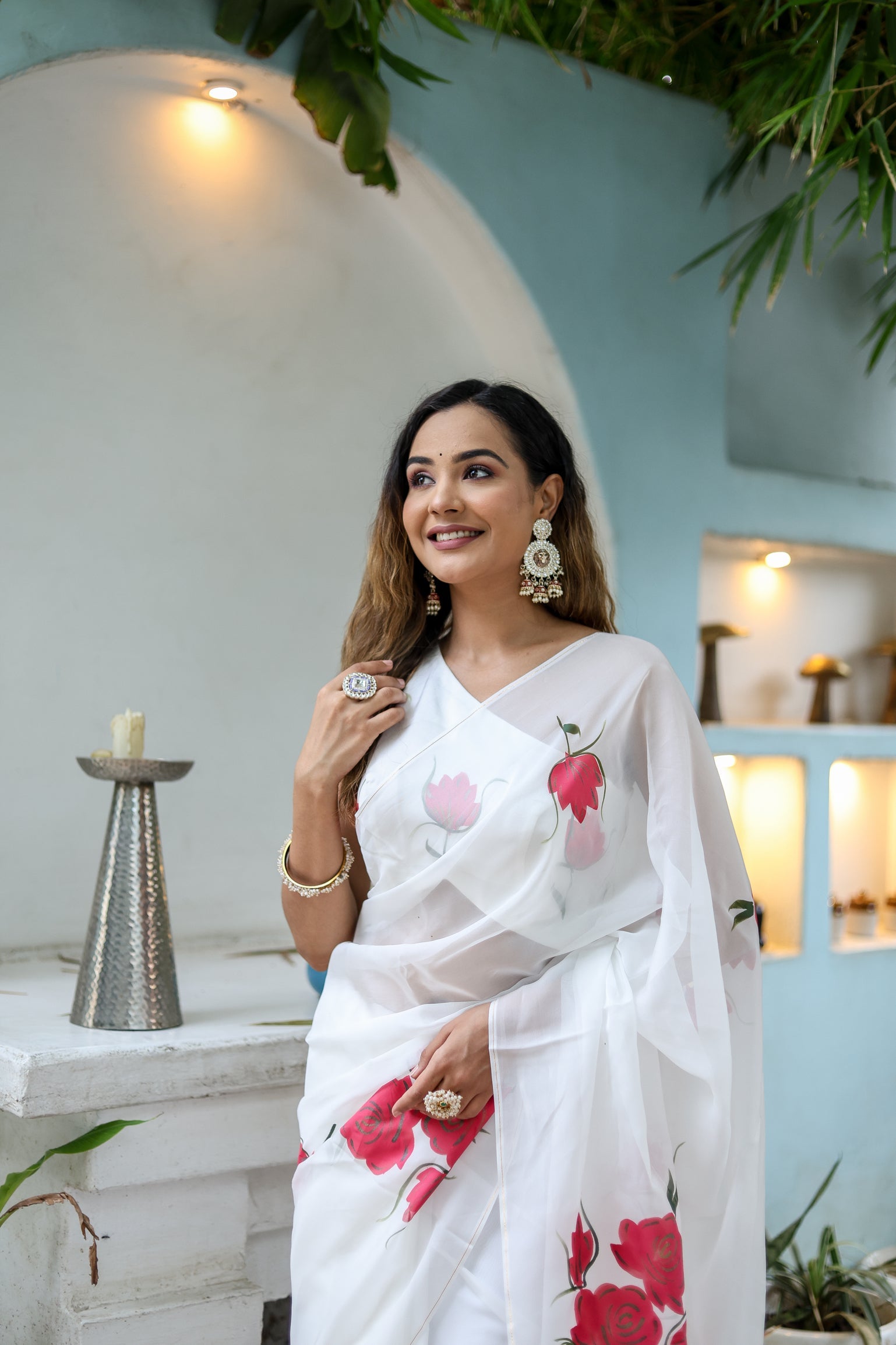 Serene White Pink Viscose Organza Handpainted Saree Floral