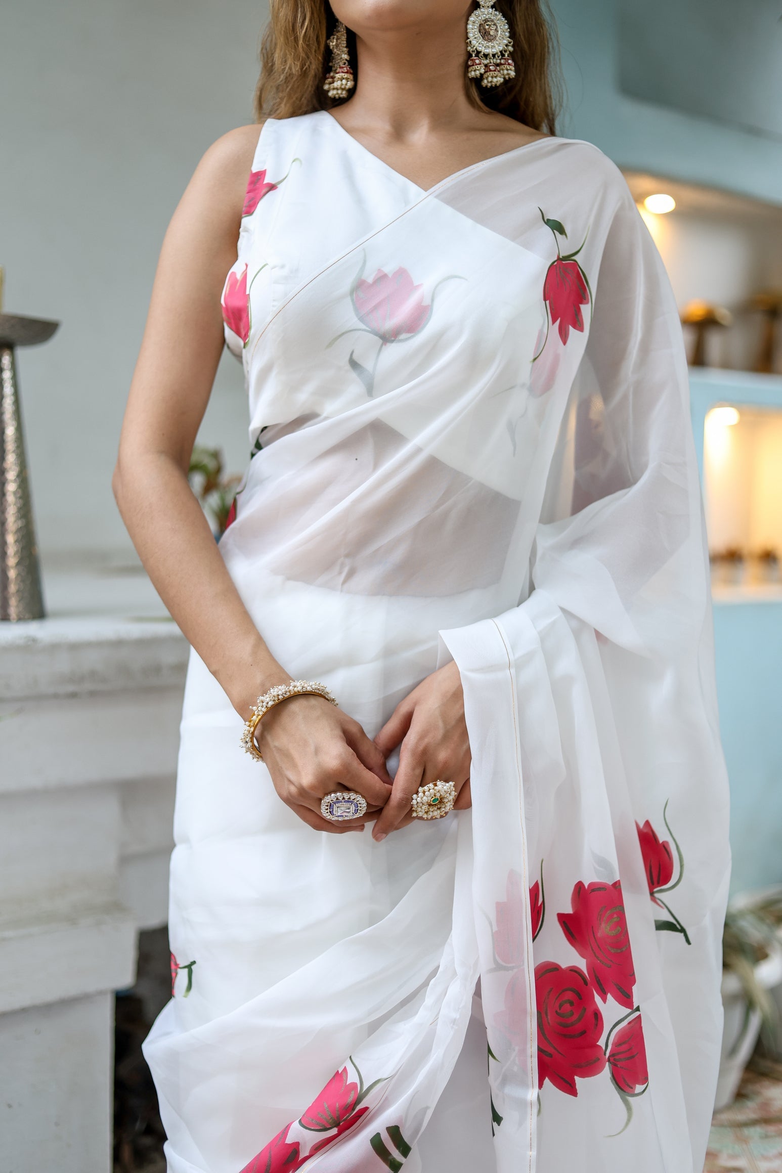 Serene White Pink Viscose Organza Handpainted Saree Floral
