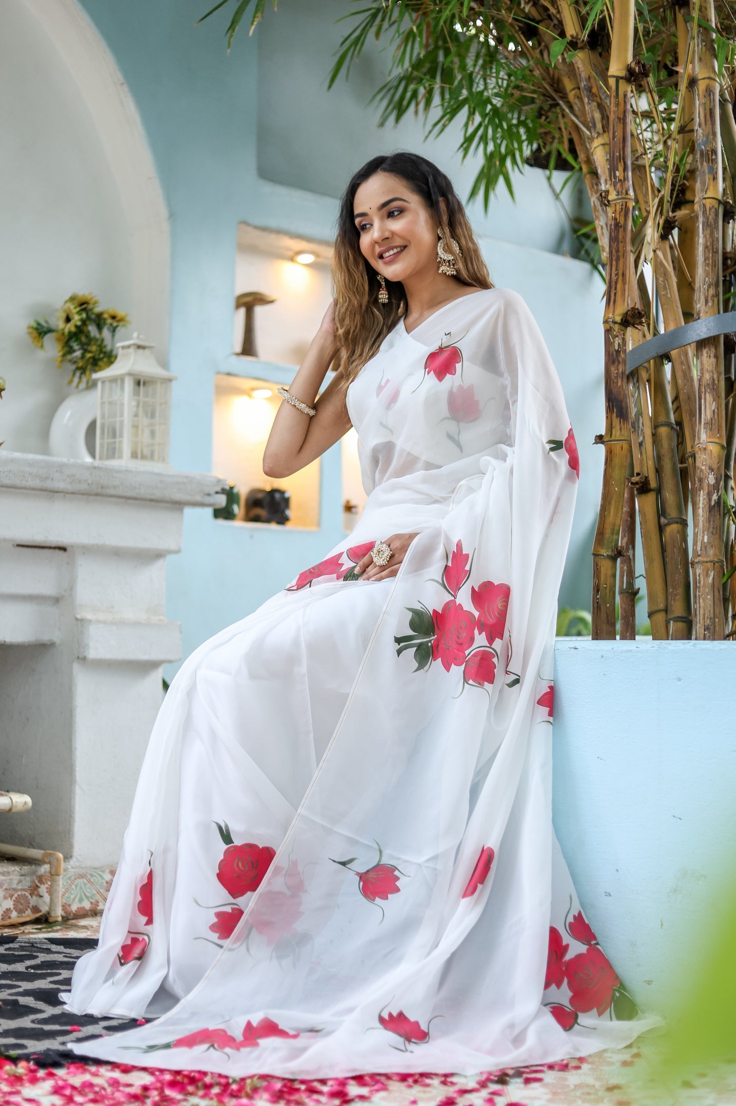 Serene White Pink Viscose Organza Handpainted Saree Floral