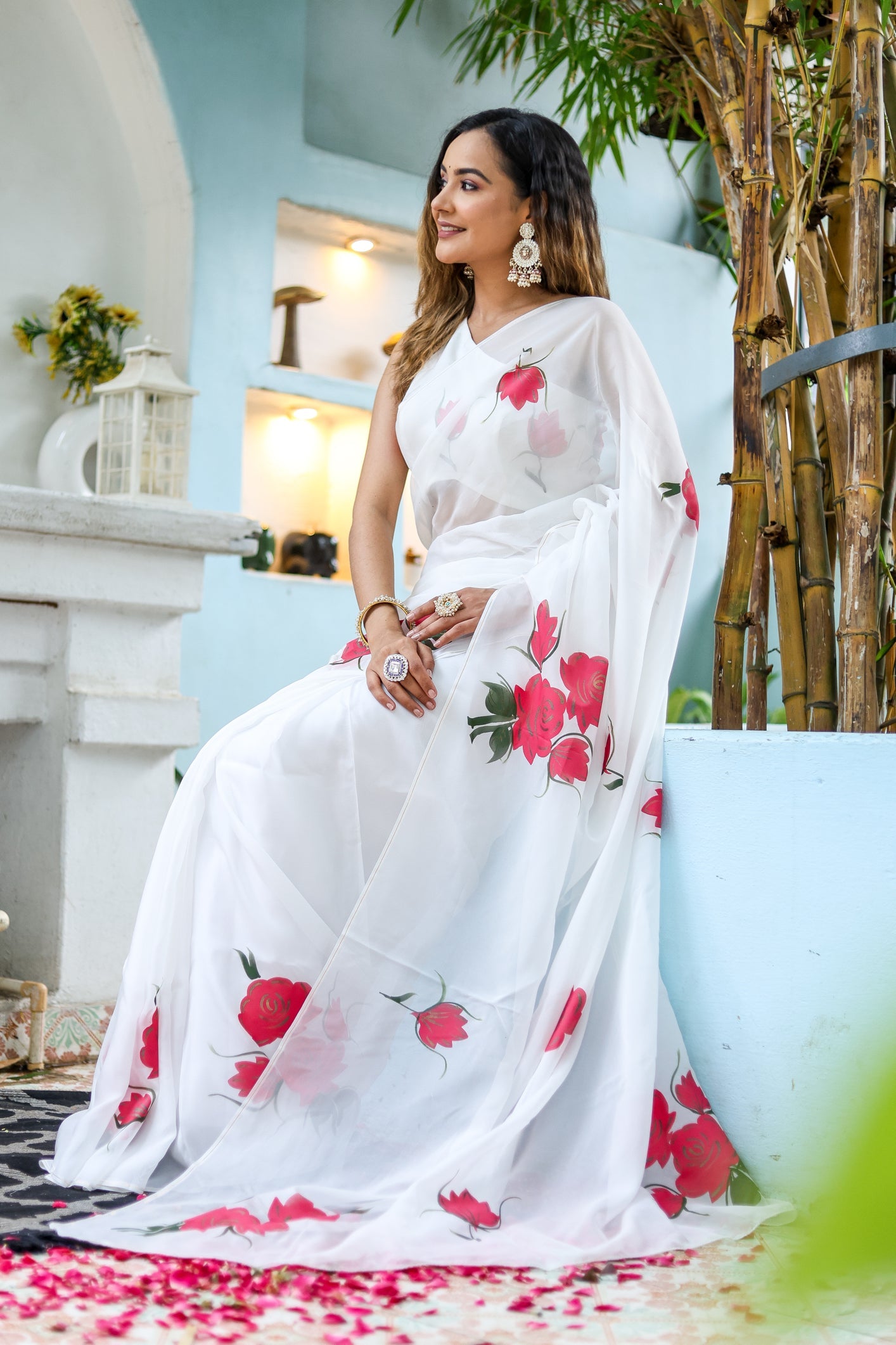 Serene White Pink Viscose Organza Handpainted Saree Floral