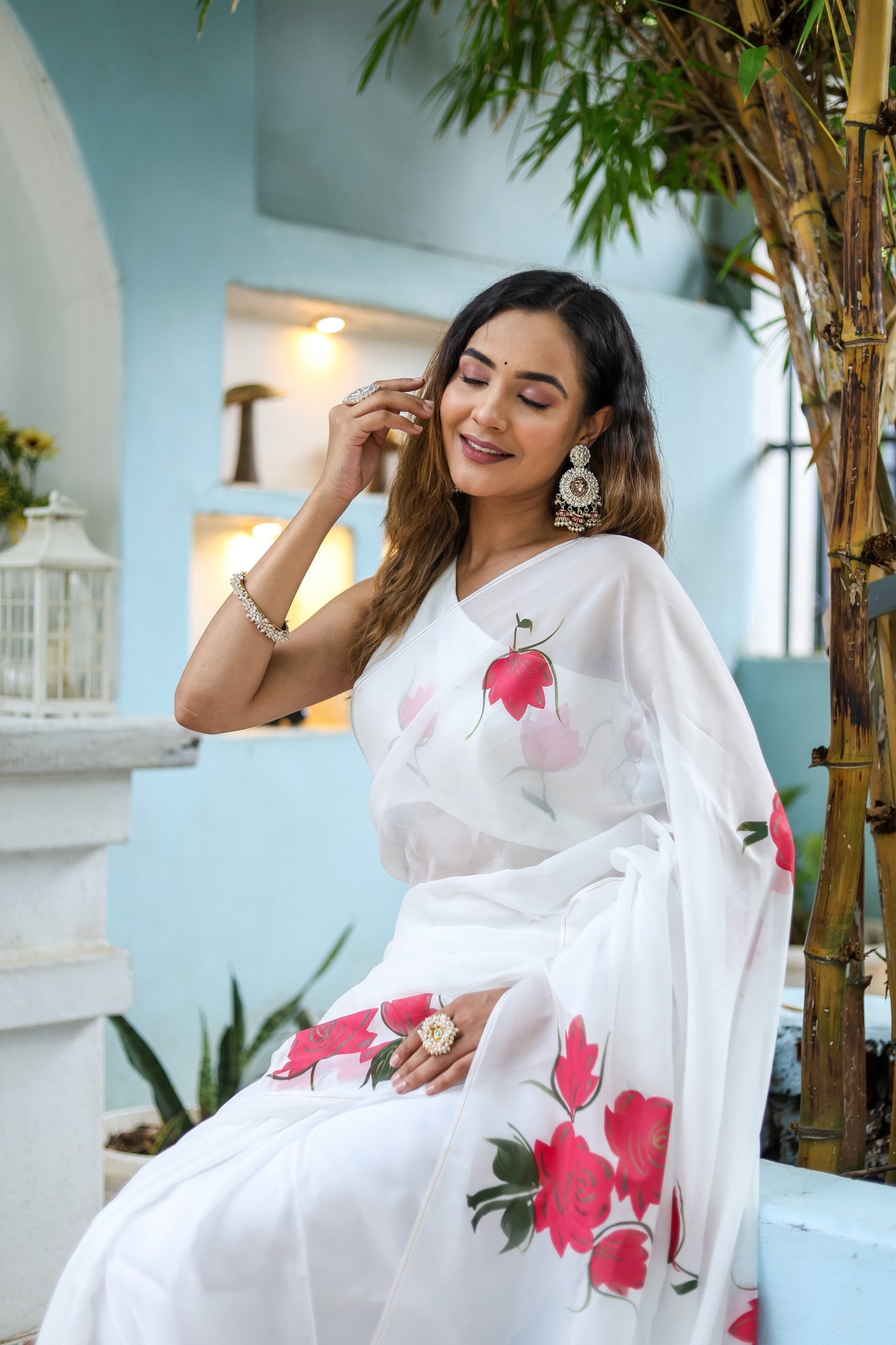 Serene White Pink Viscose Organza Handpainted Saree Floral