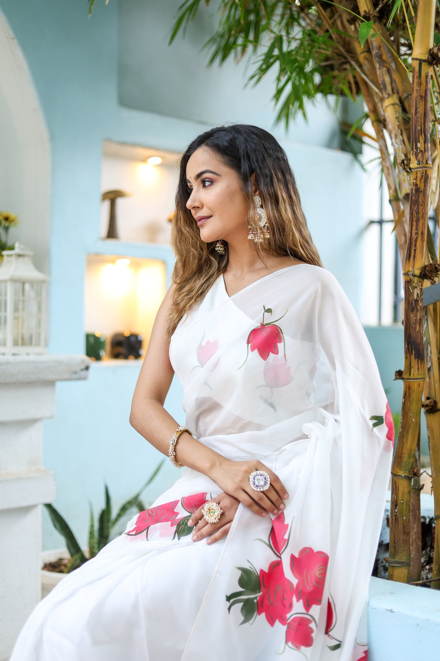 Serene White Pink Viscose Organza Handpainted Saree Floral