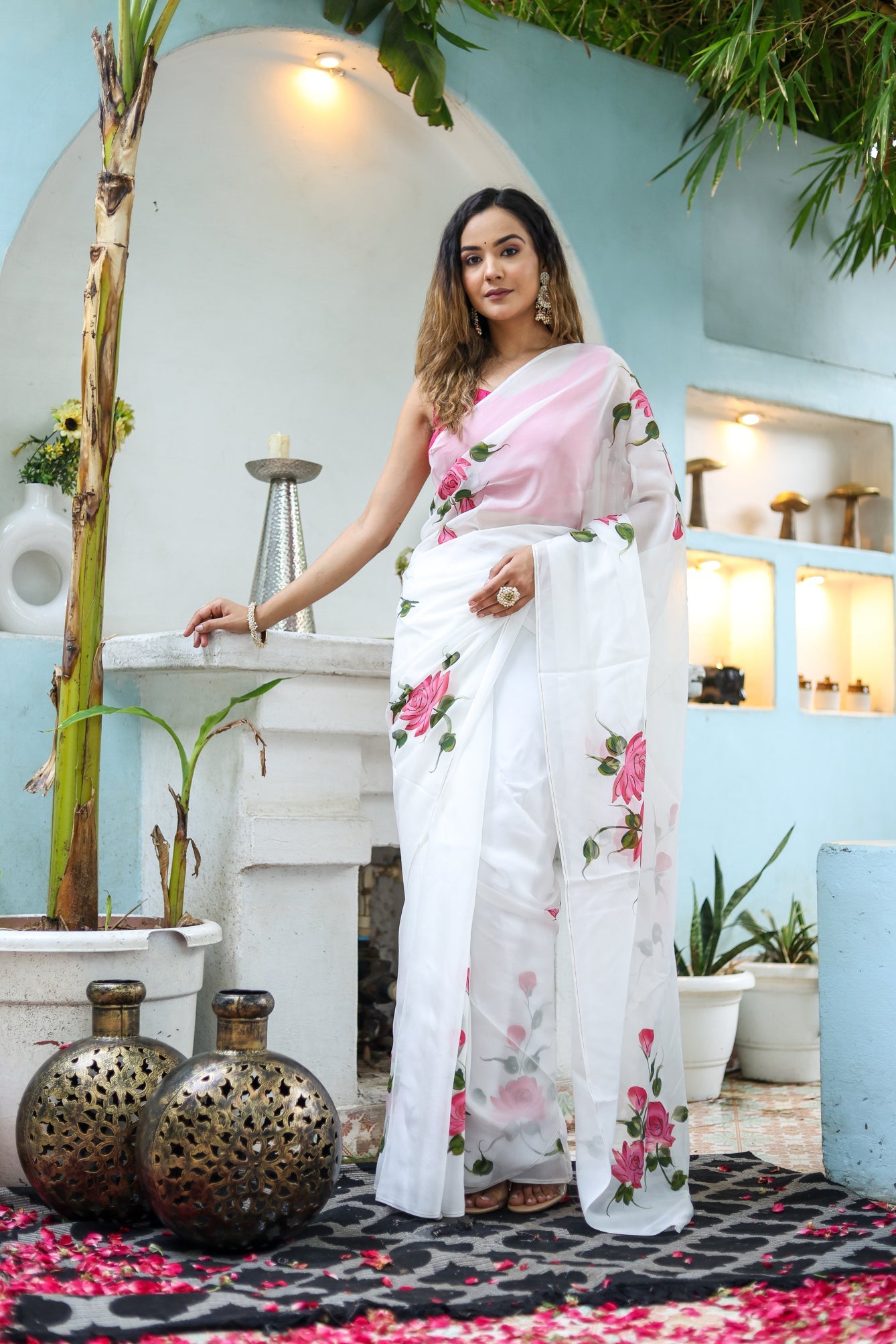 Pure White Pink Viscose Organza Handpainted Saree Floral