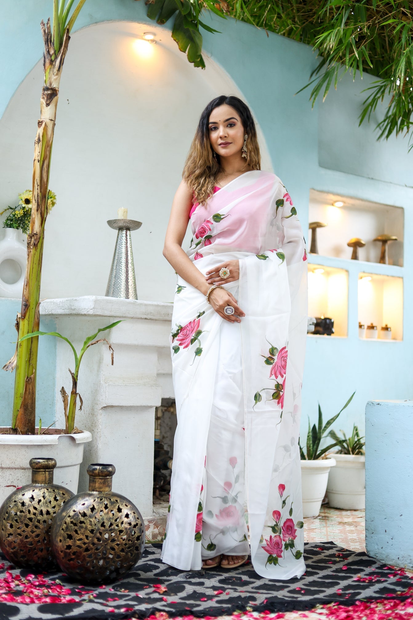 Pure White Pink Viscose Organza Handpainted Saree Floral