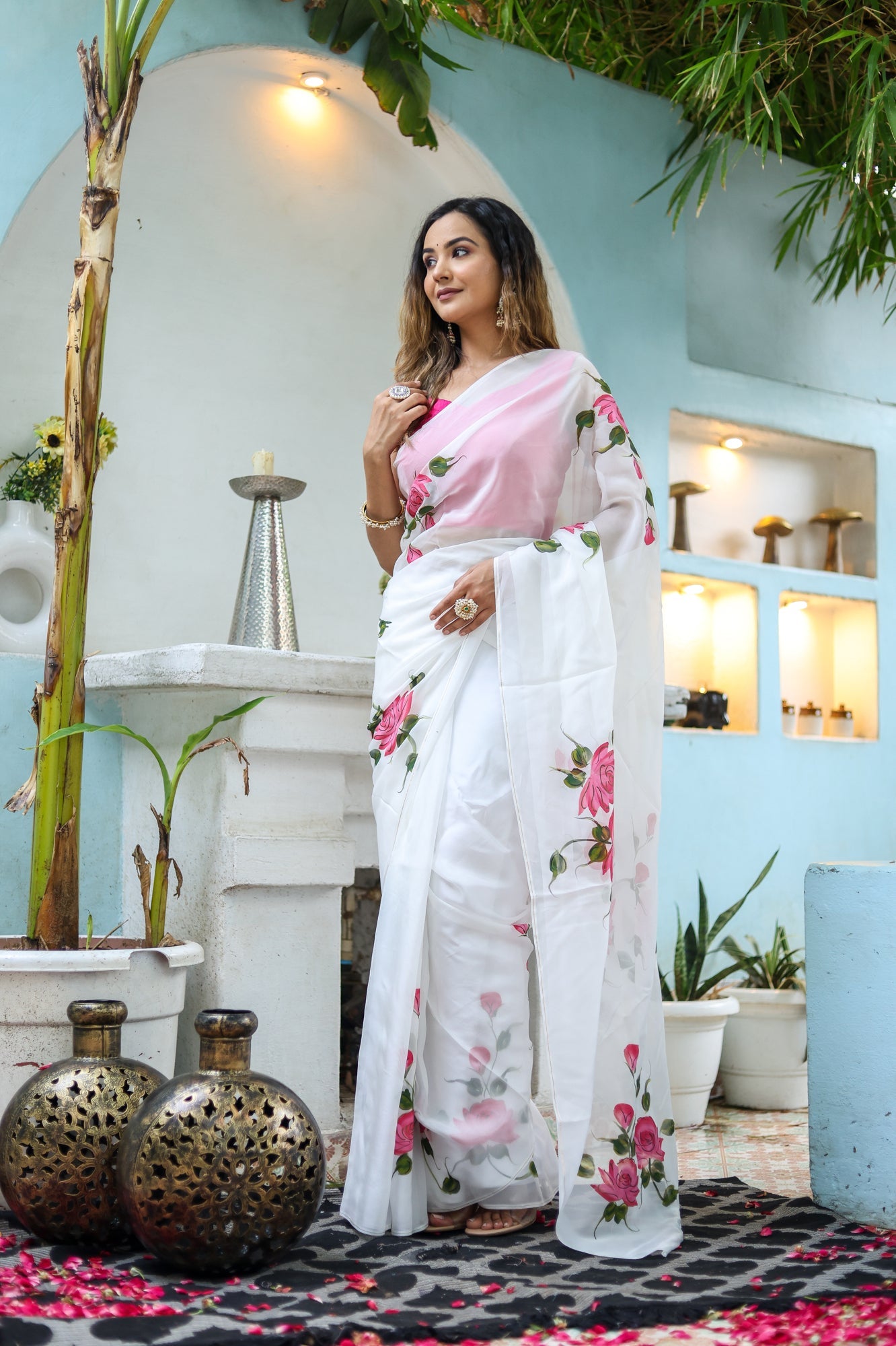 Pure White Pink Viscose Organza Handpainted Saree Floral