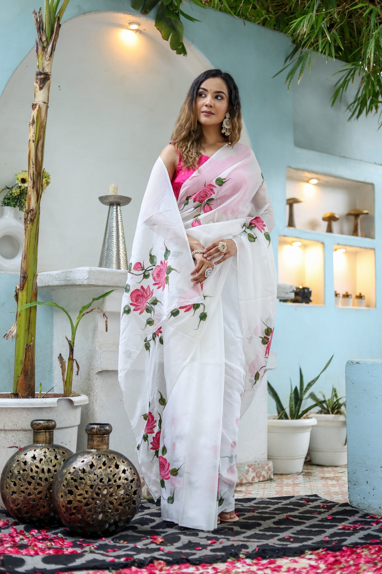 Pure White Pink Viscose Organza Handpainted Saree Floral