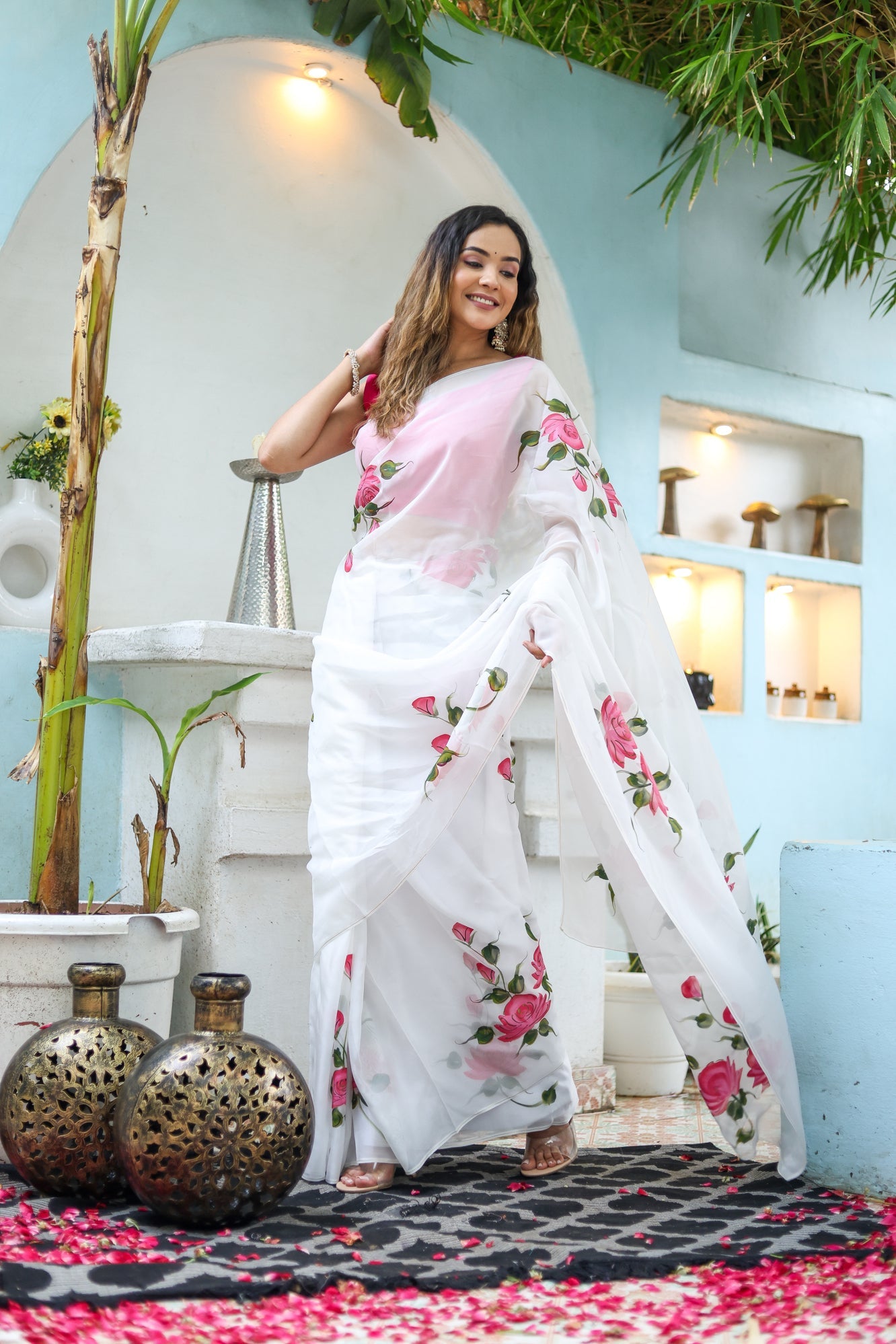 Pure White Pink Viscose Organza Handpainted Saree Floral