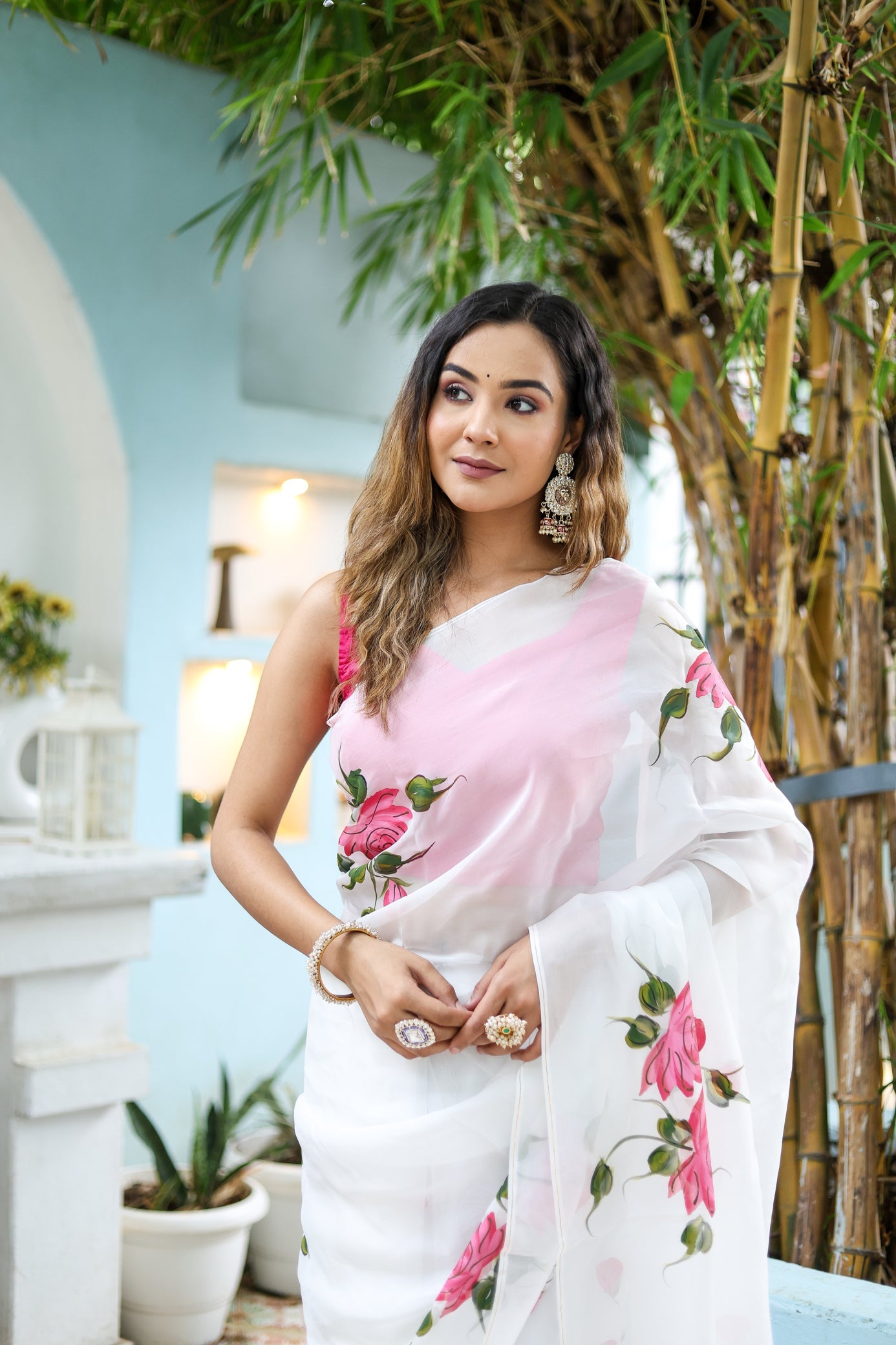 Pure White Pink Viscose Organza Handpainted Saree Floral