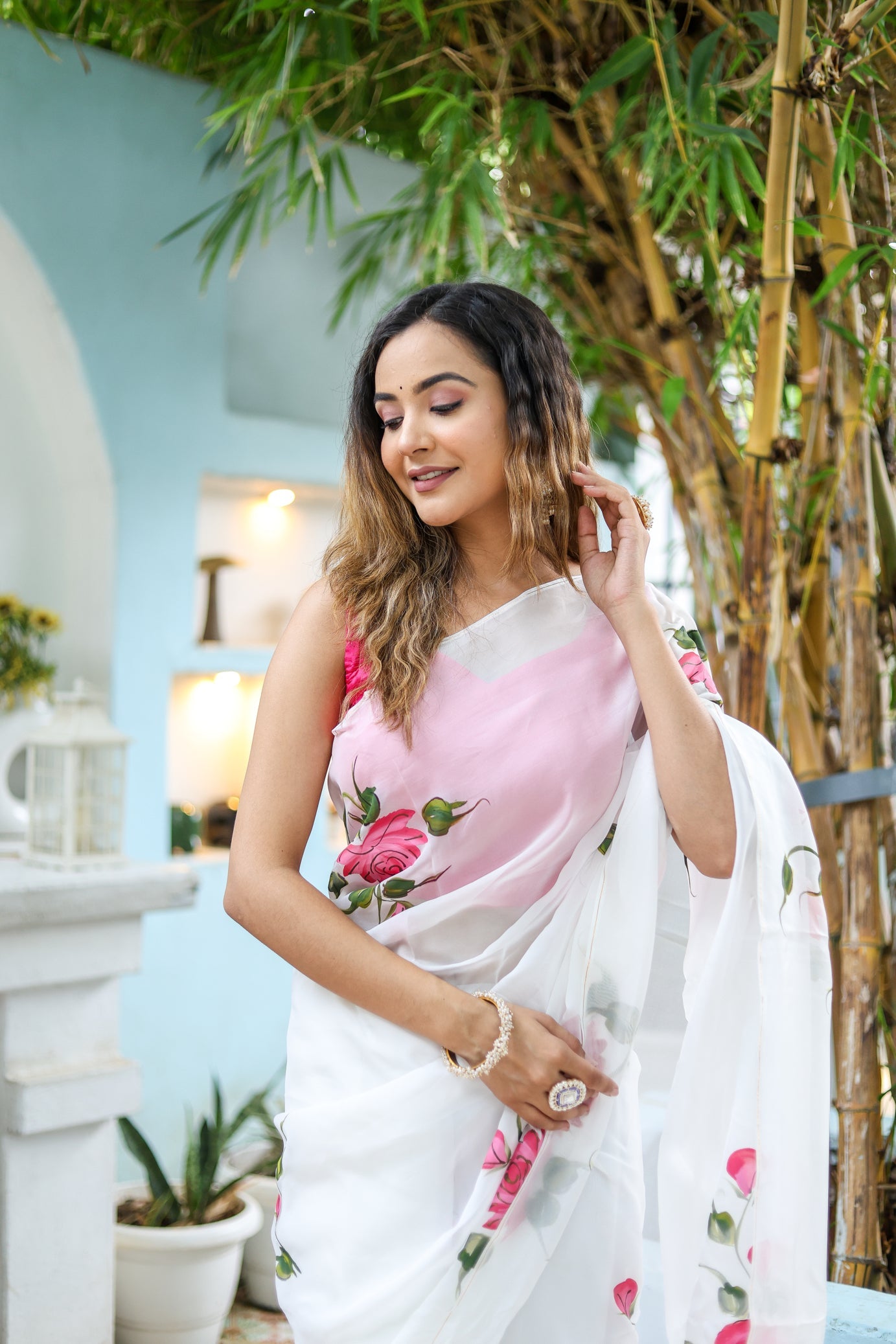 Pure White Pink Viscose Organza Handpainted Saree Floral