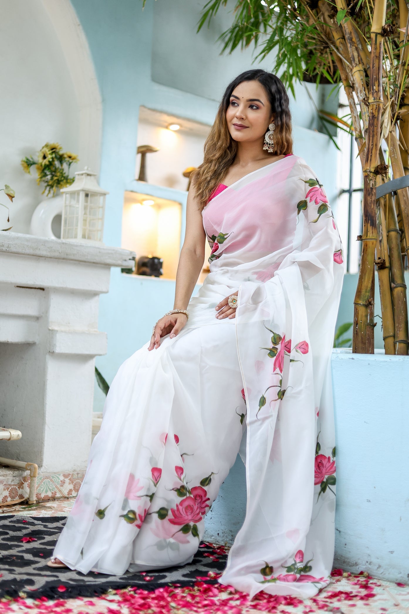 Pure White Pink Viscose Organza Handpainted Saree Floral