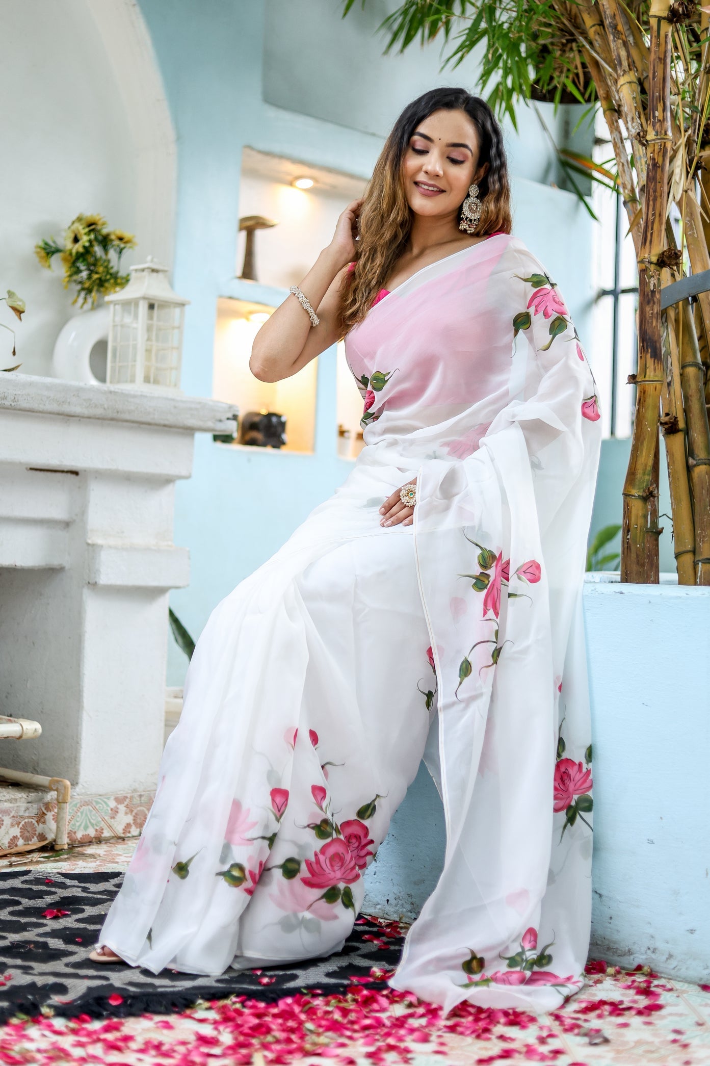 Pure White Pink Viscose Organza Handpainted Saree Floral