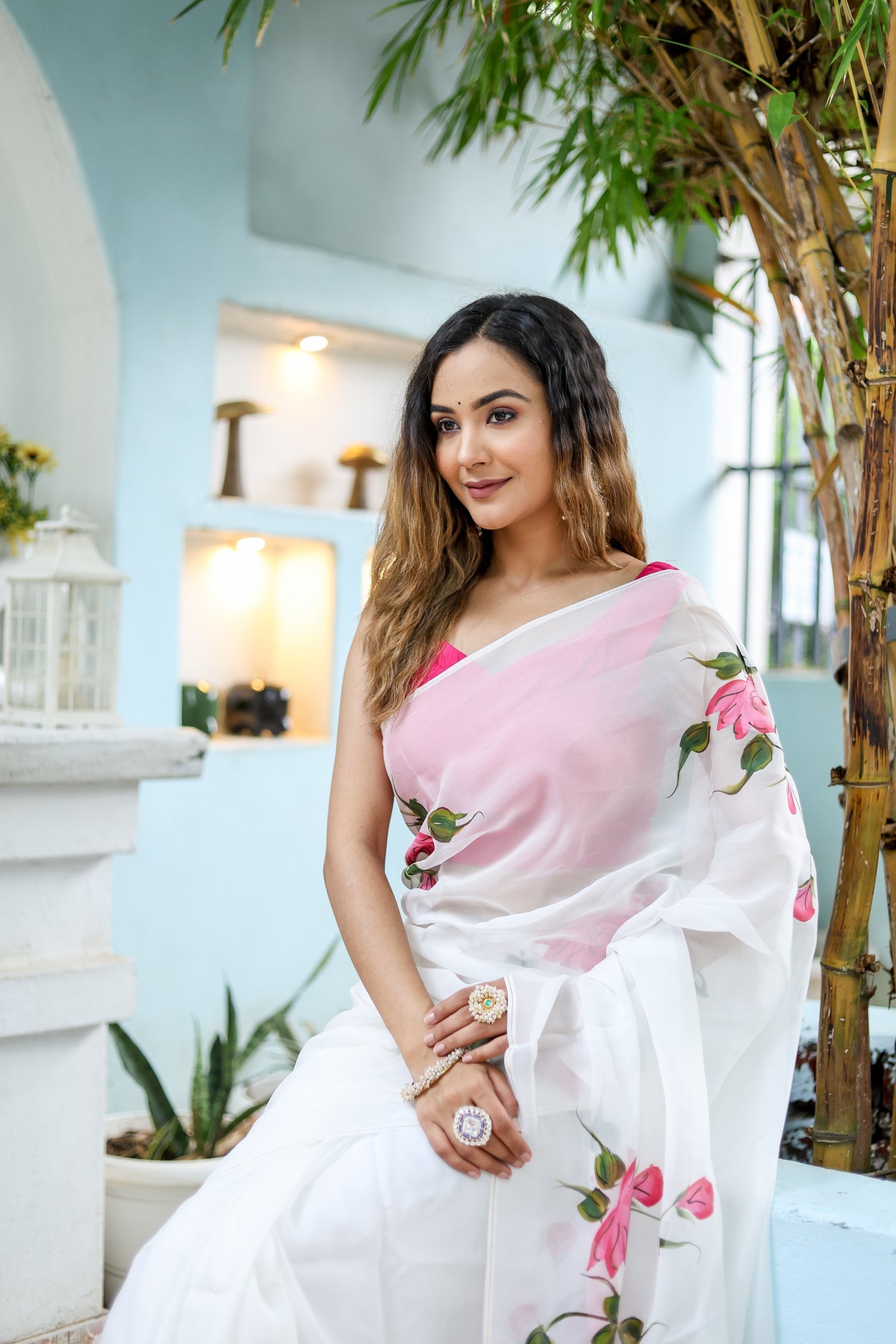Pure White Pink Viscose Organza Handpainted Saree Floral
