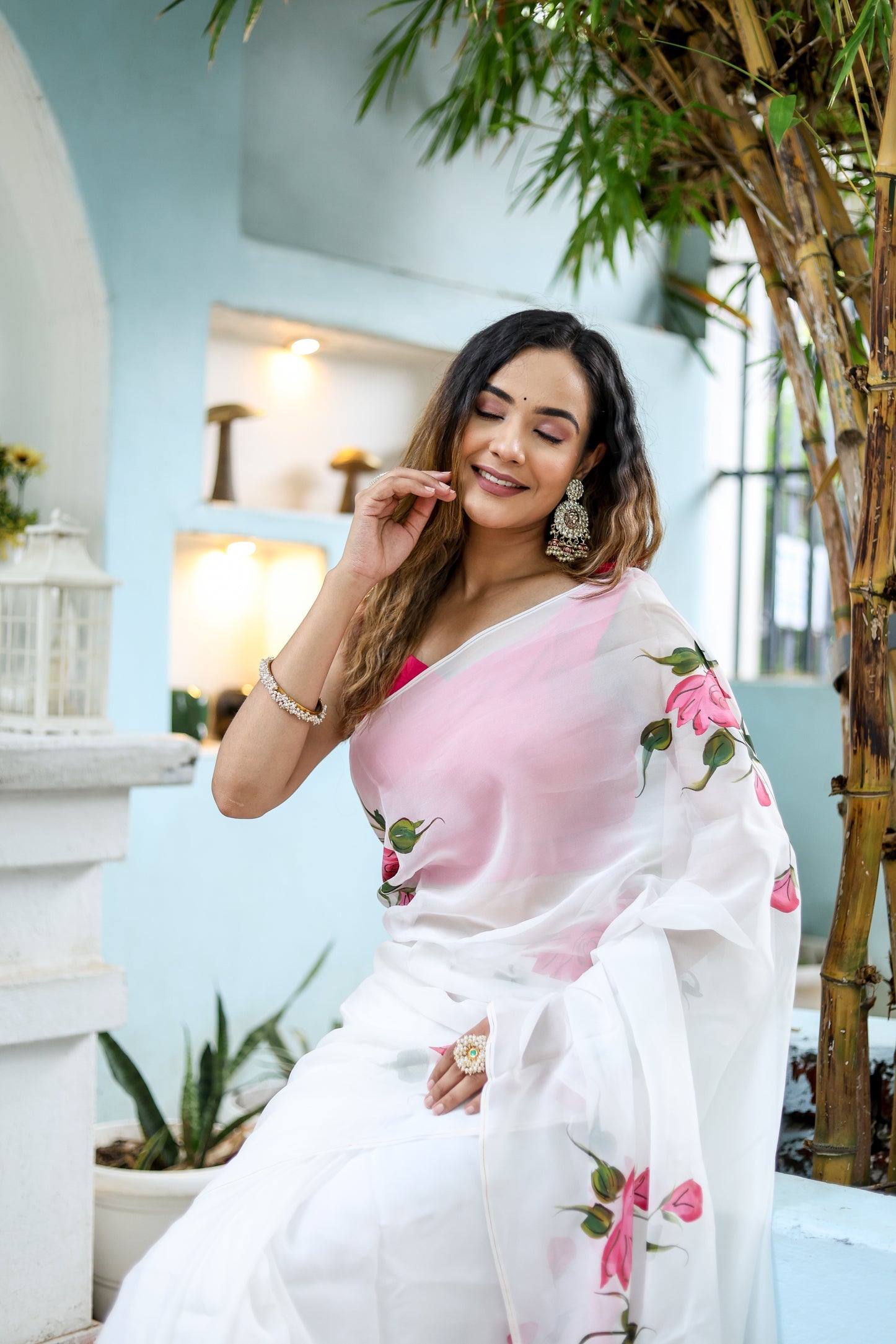 Pure White Pink Viscose Organza Handpainted Saree Floral