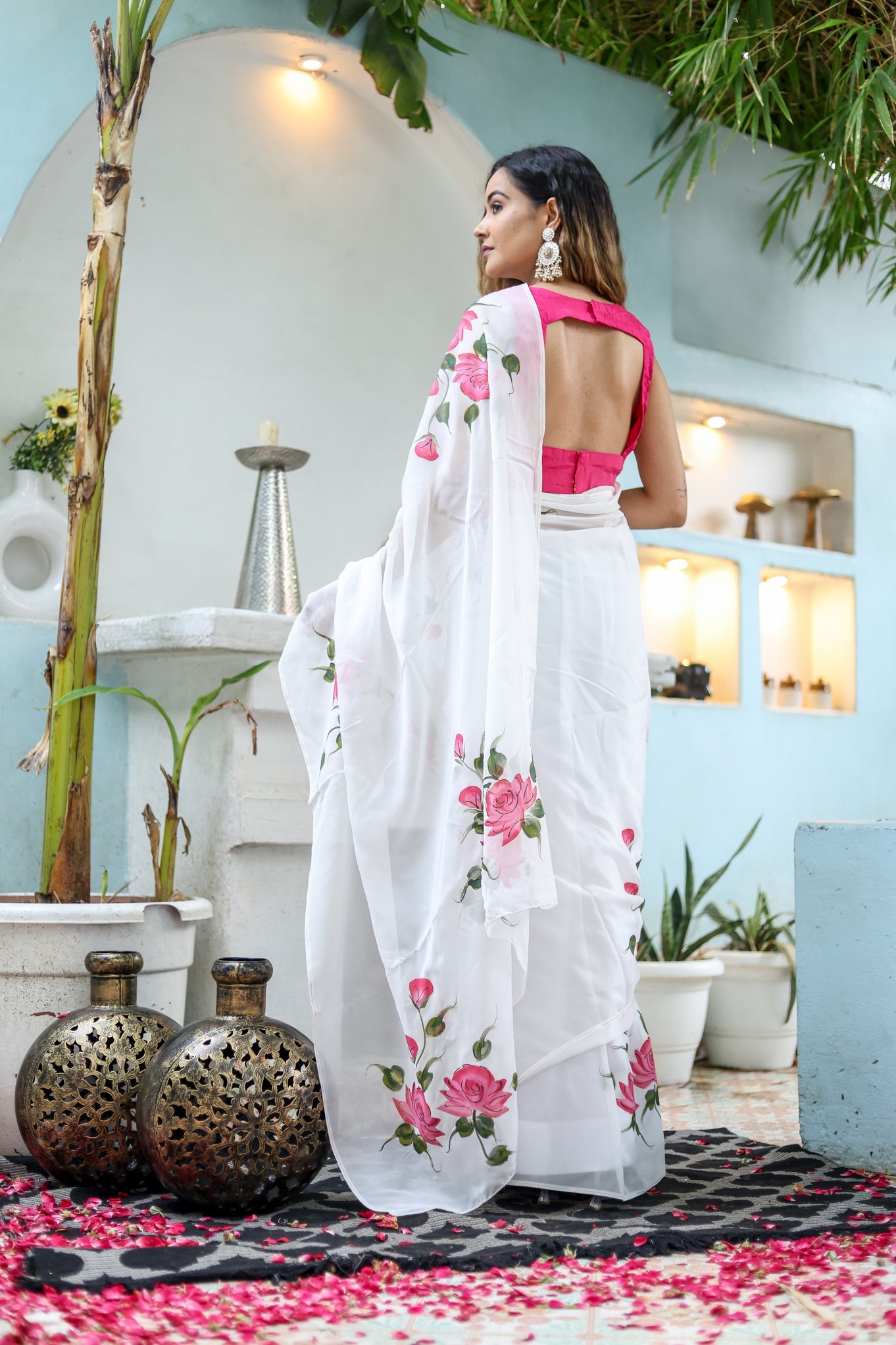 Pure White Pink Viscose Organza Handpainted Saree Floral