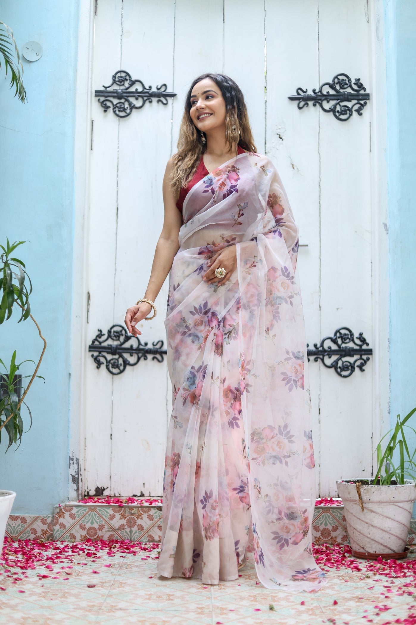 Exquisite White Organza Printed Saree Floral