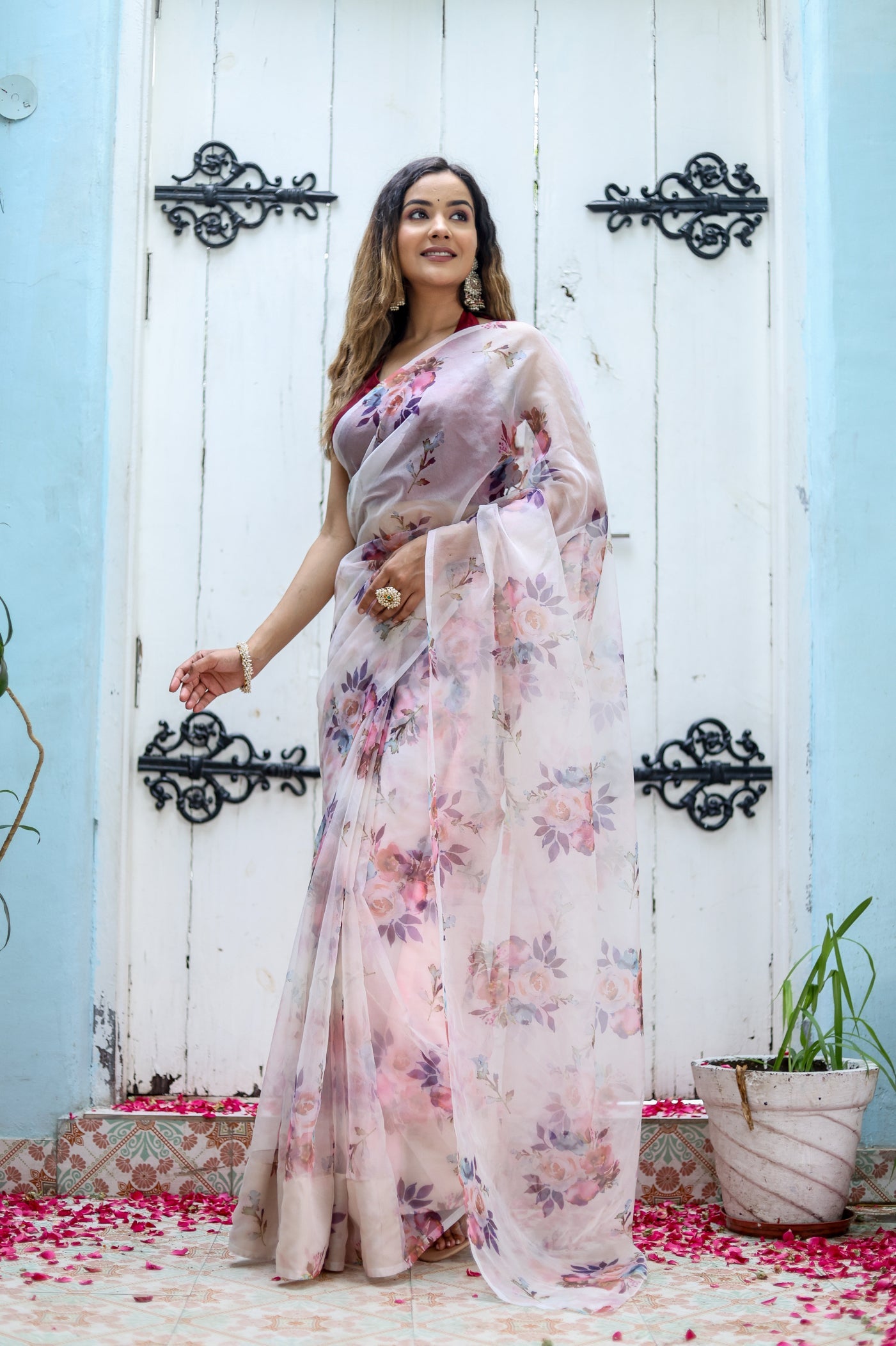 Exquisite White Organza Printed Saree Floral