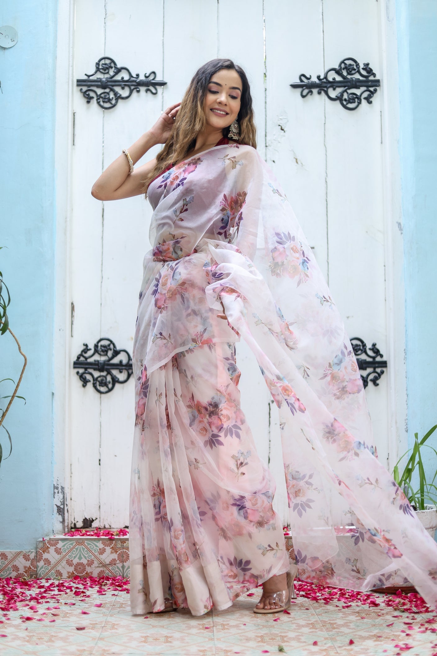 Exquisite White Organza Printed Saree Floral