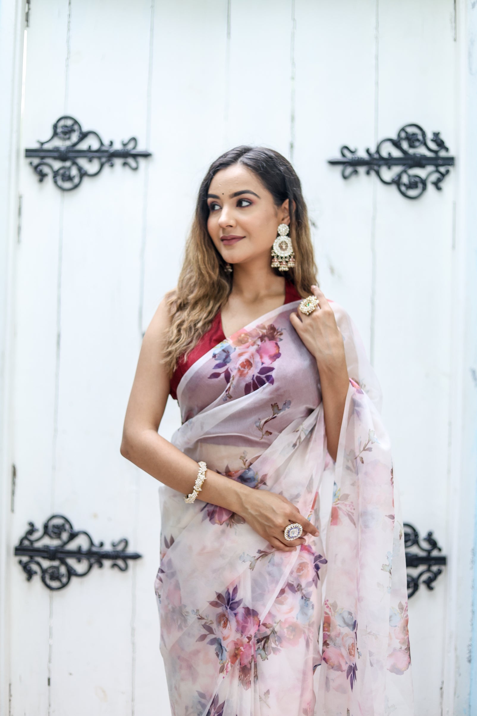 Exquisite White Organza Printed Saree Floral