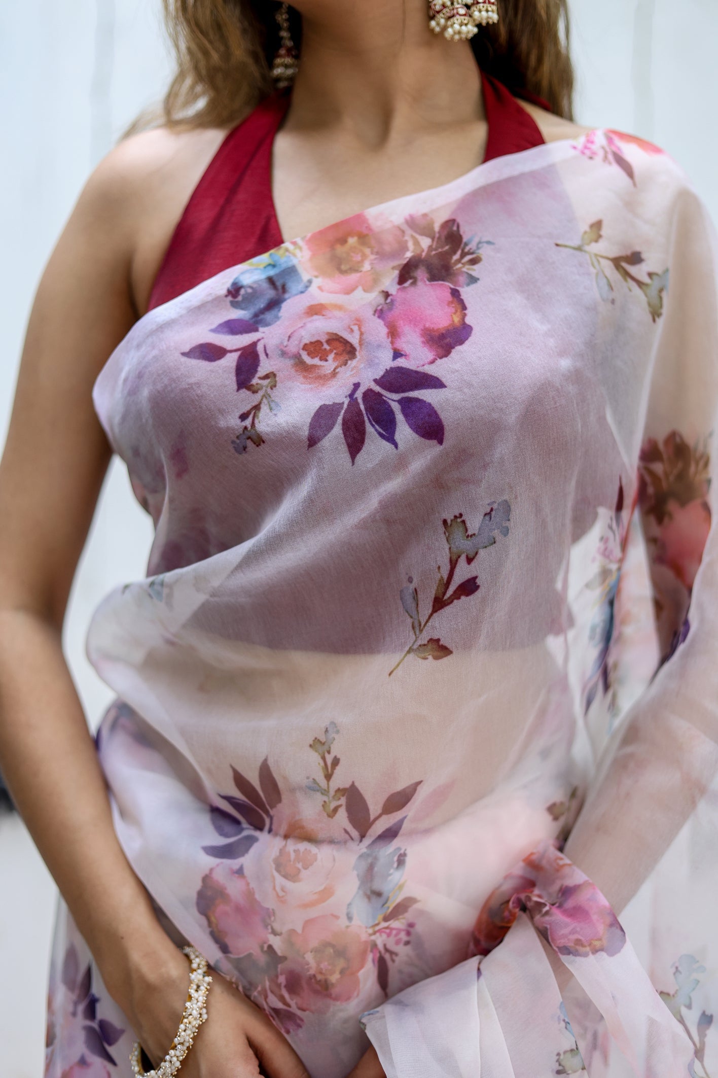 Exquisite White Organza Printed Saree Floral