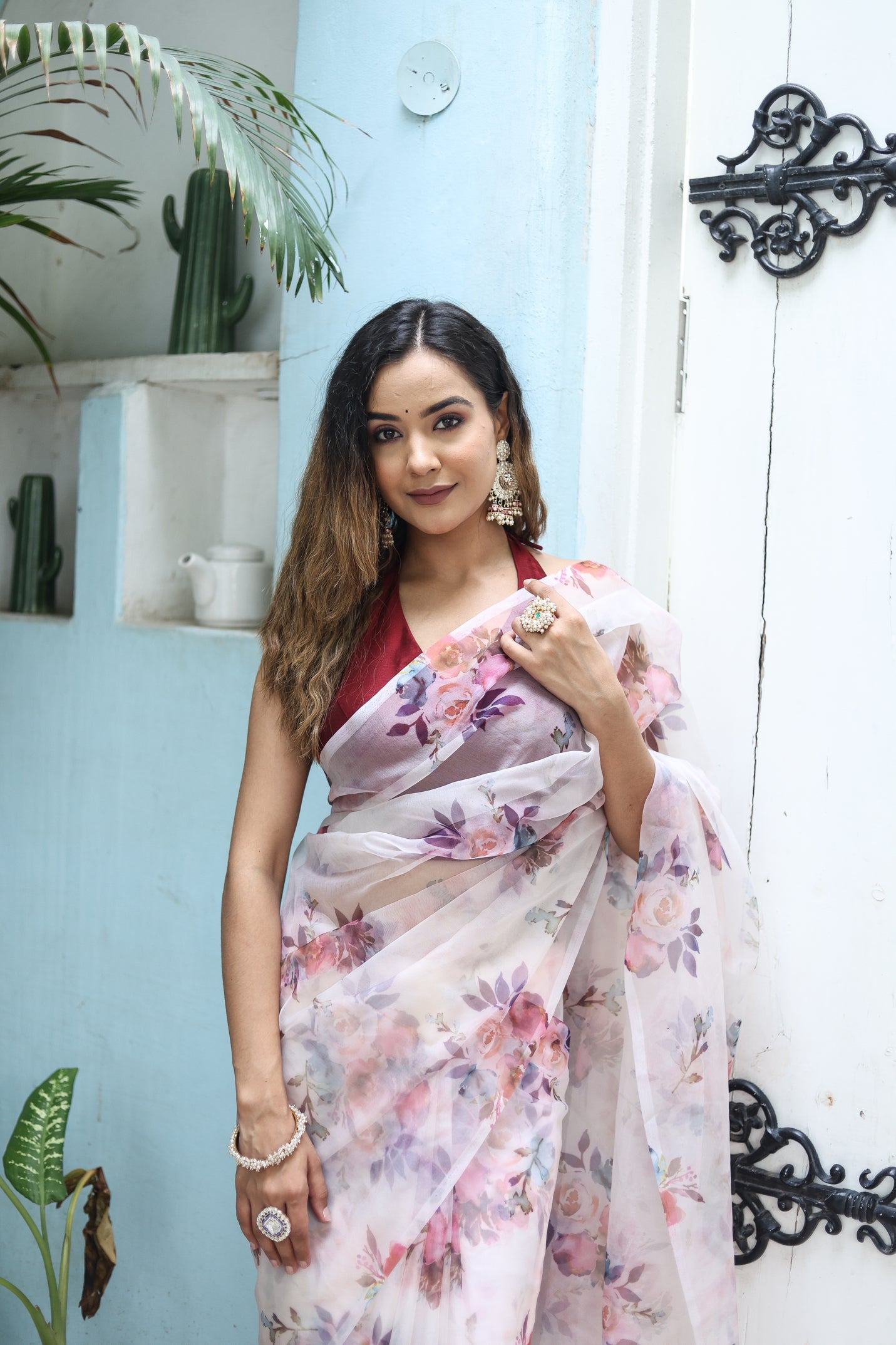 Exquisite White Organza Printed Saree Floral