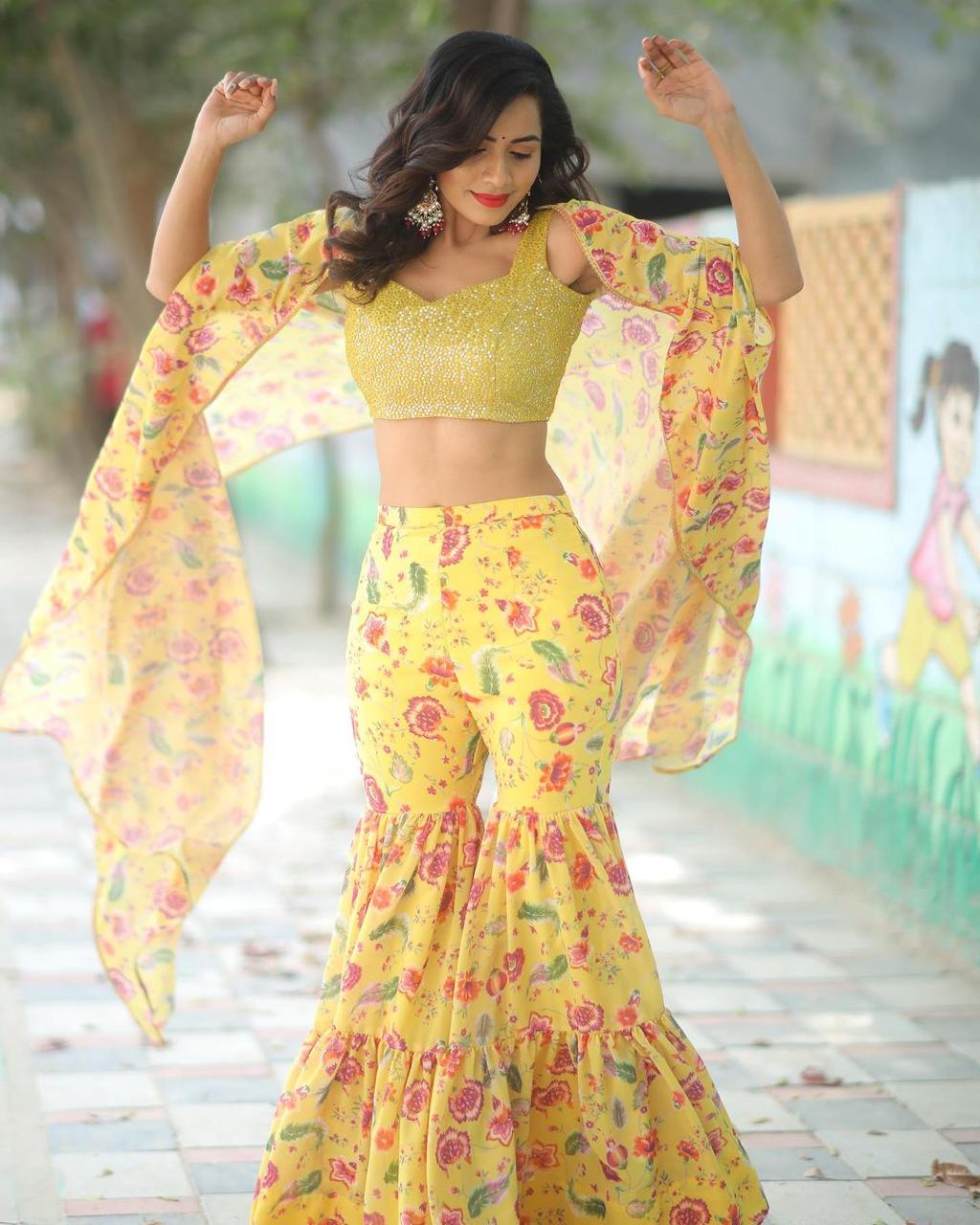 Yellow Chiffon Georgette Floral Cape Gharara Sequins Mirror Work