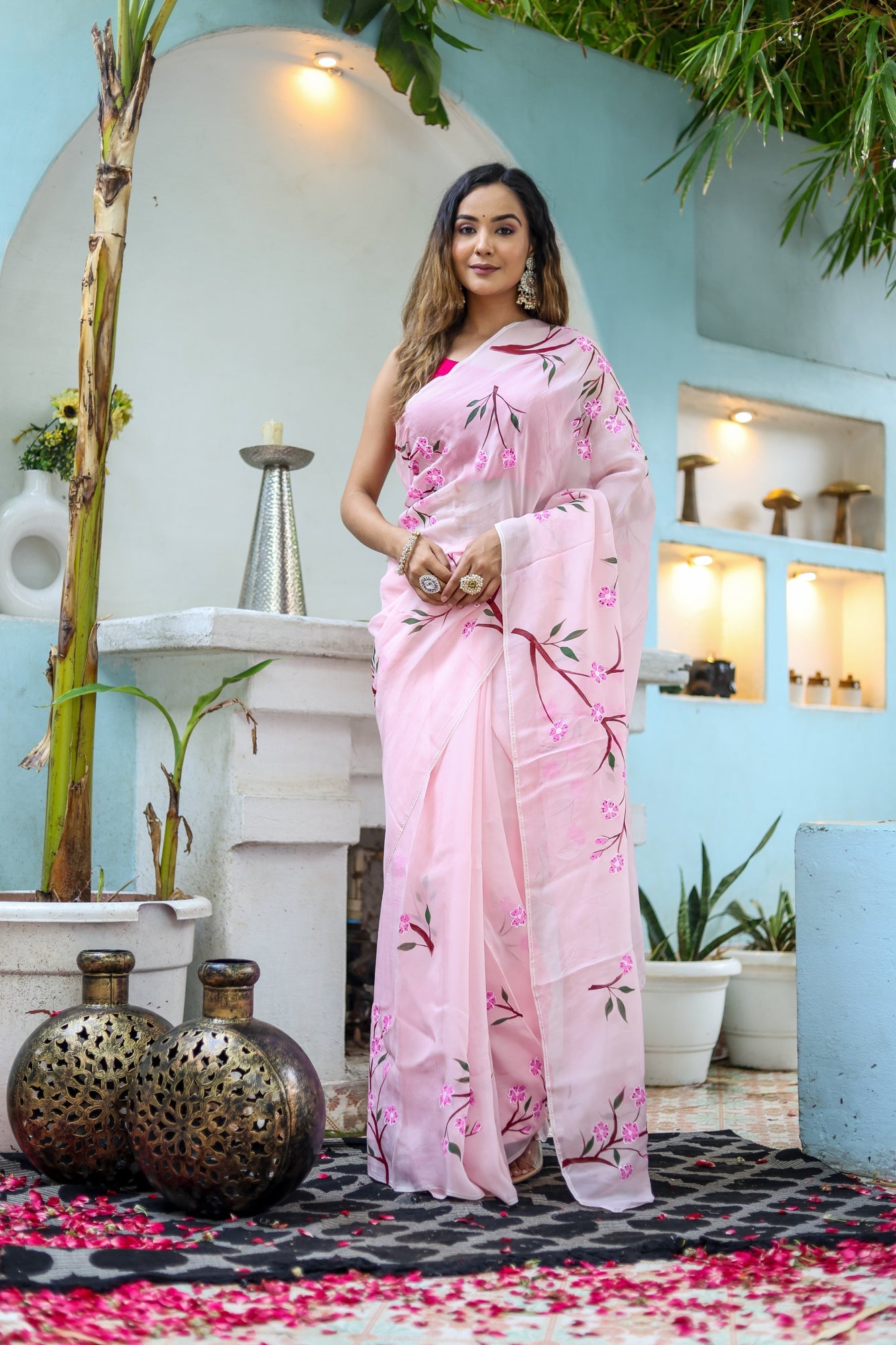 Ethereal Pink Viscose Organza Handpainted Saree Floral