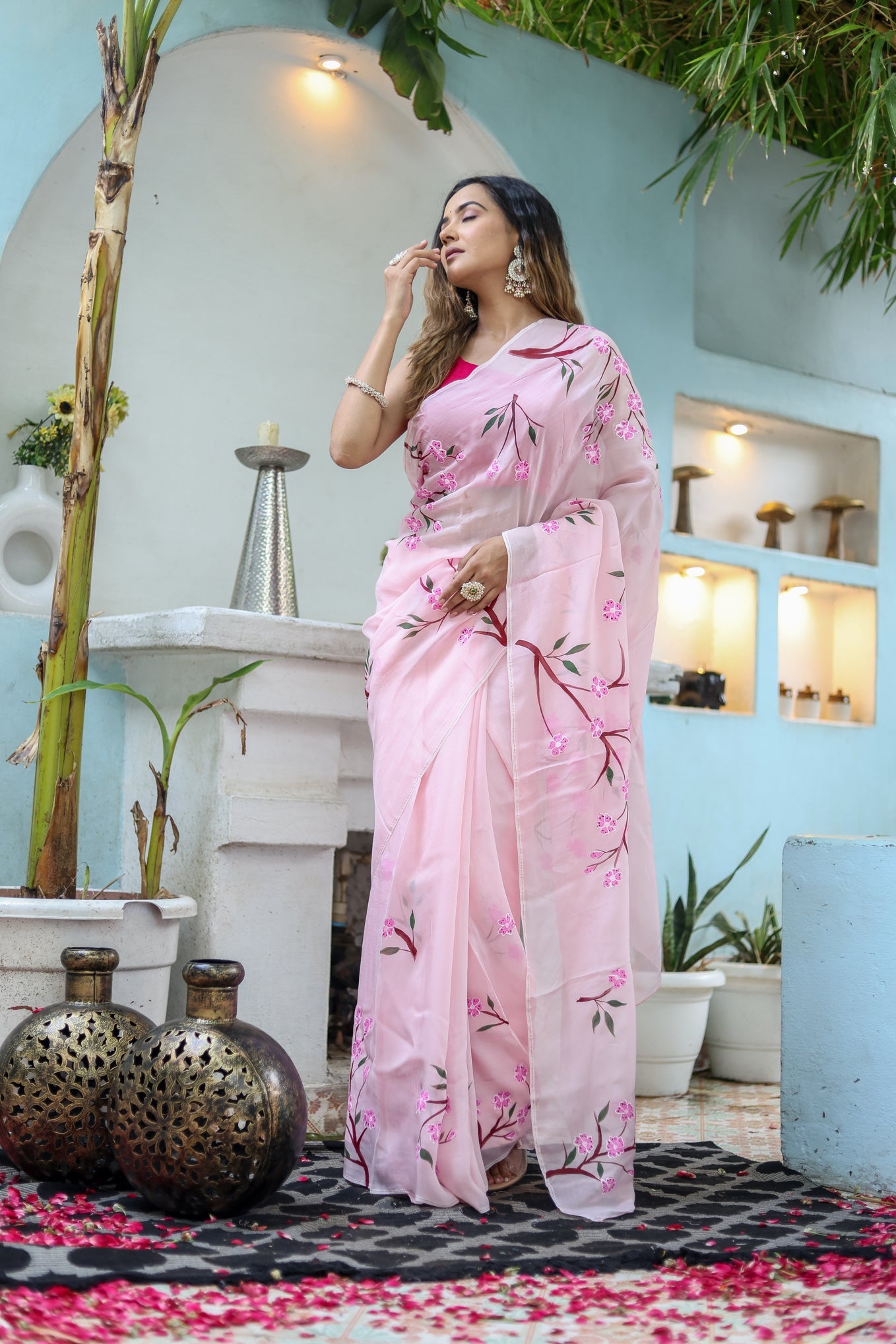 Ethereal Pink Viscose Organza Handpainted Saree Floral