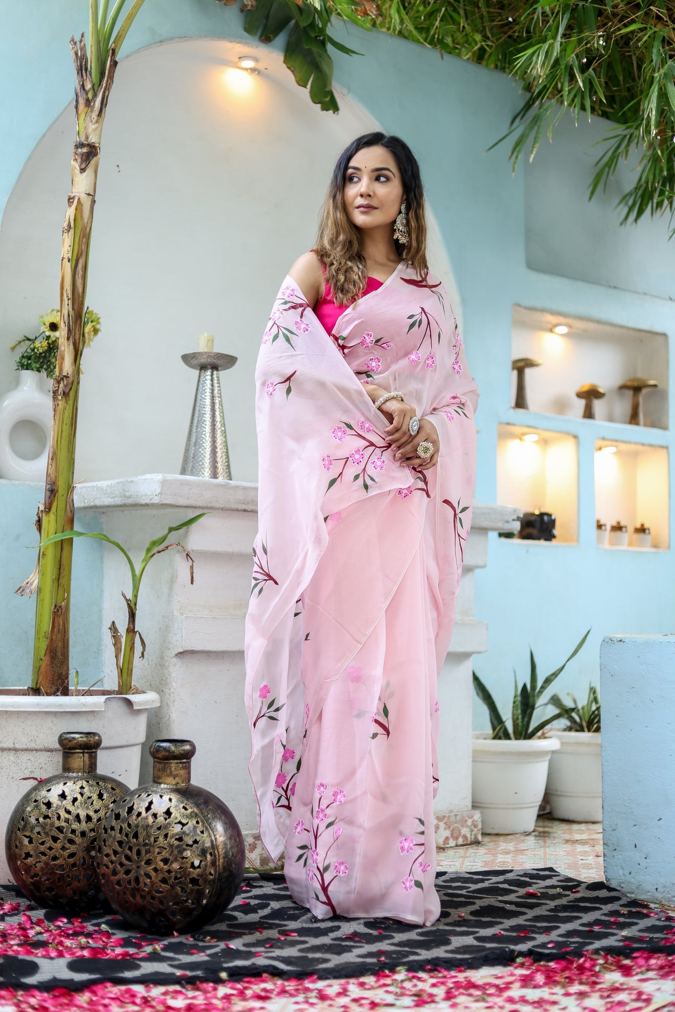 Ethereal Pink Viscose Organza Handpainted Saree Floral