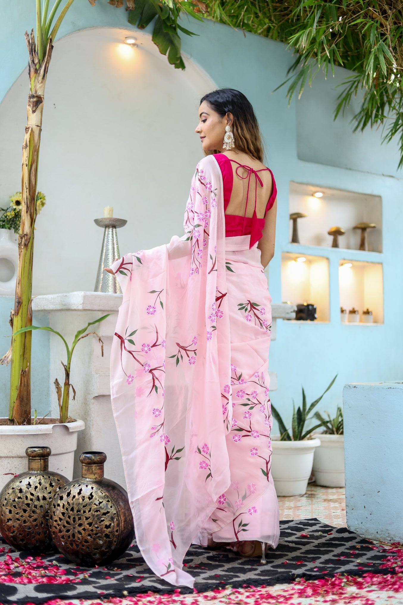 Ethereal Pink Viscose Organza Handpainted Saree Floral