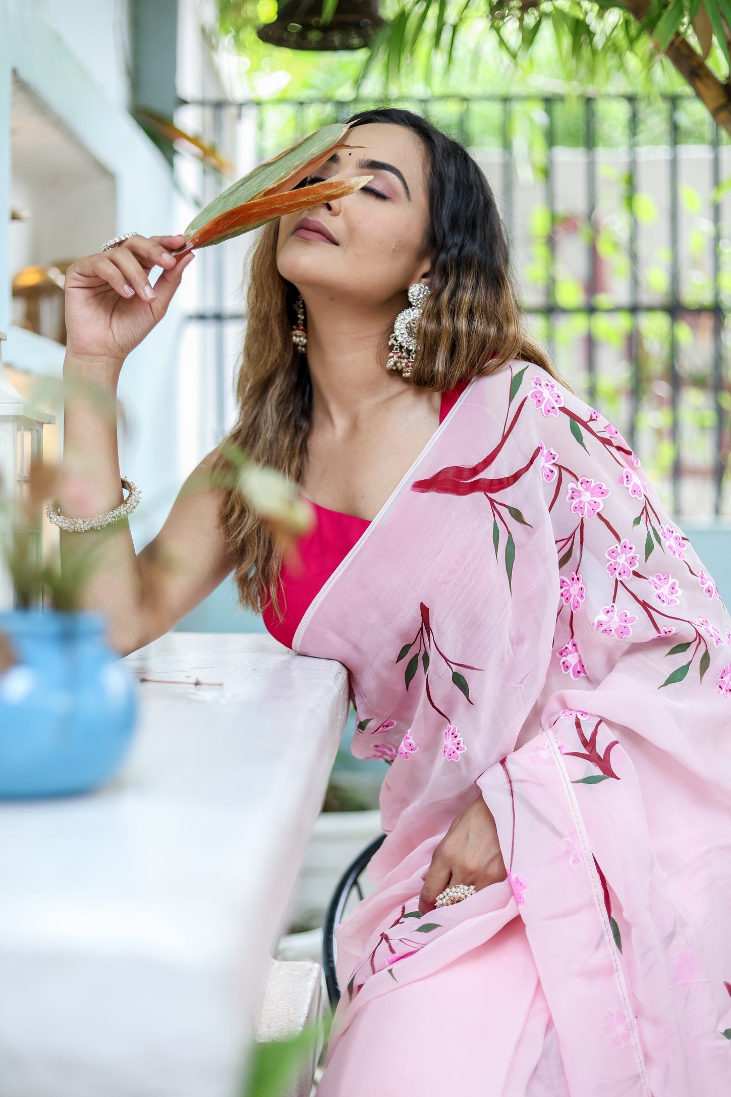 Ethereal Pink Viscose Organza Handpainted Saree Floral