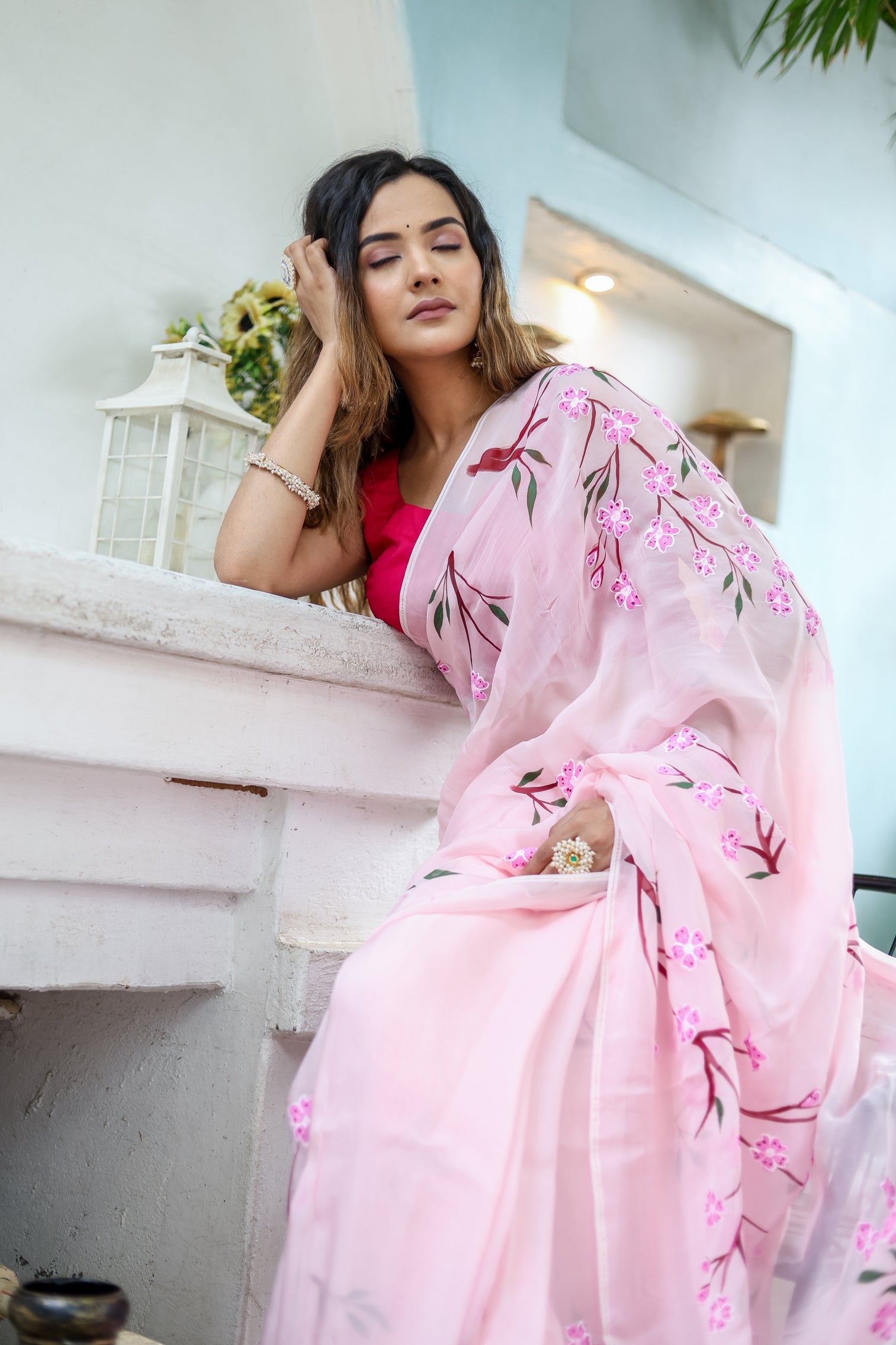Ethereal Pink Viscose Organza Handpainted Saree Floral