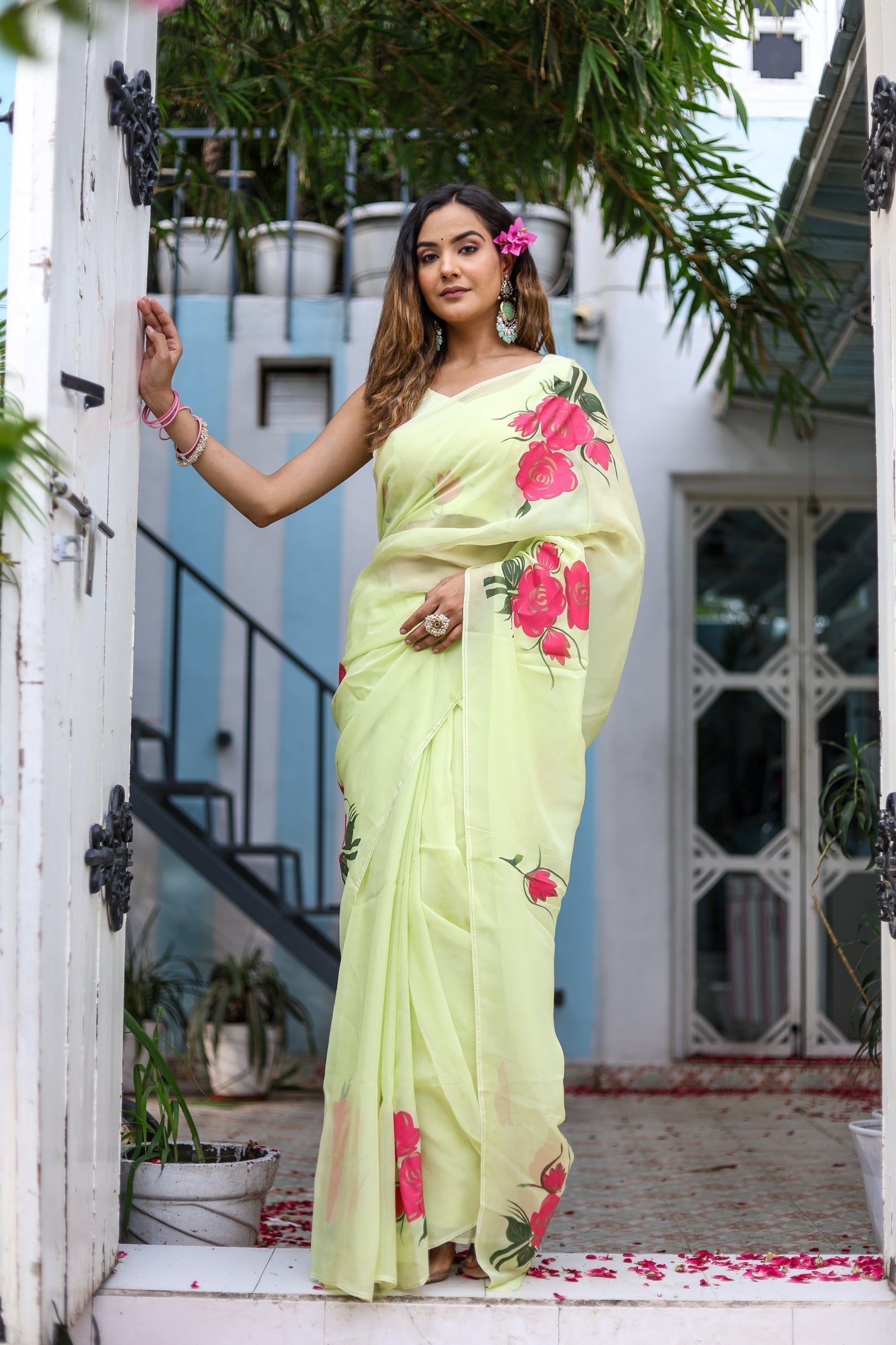 Delicate Green Silk Organza Handpainted Saree Floral