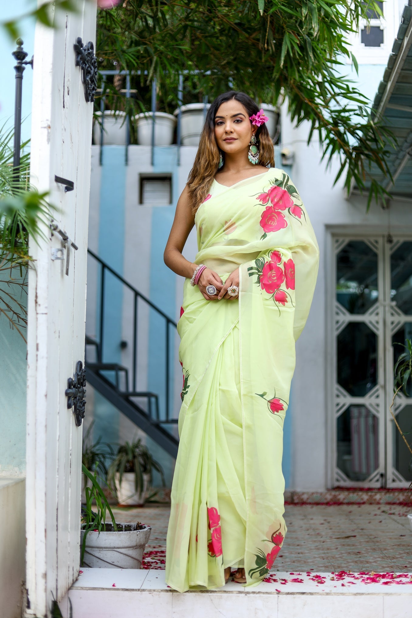 Delicate Green Silk Organza Handpainted Saree Floral