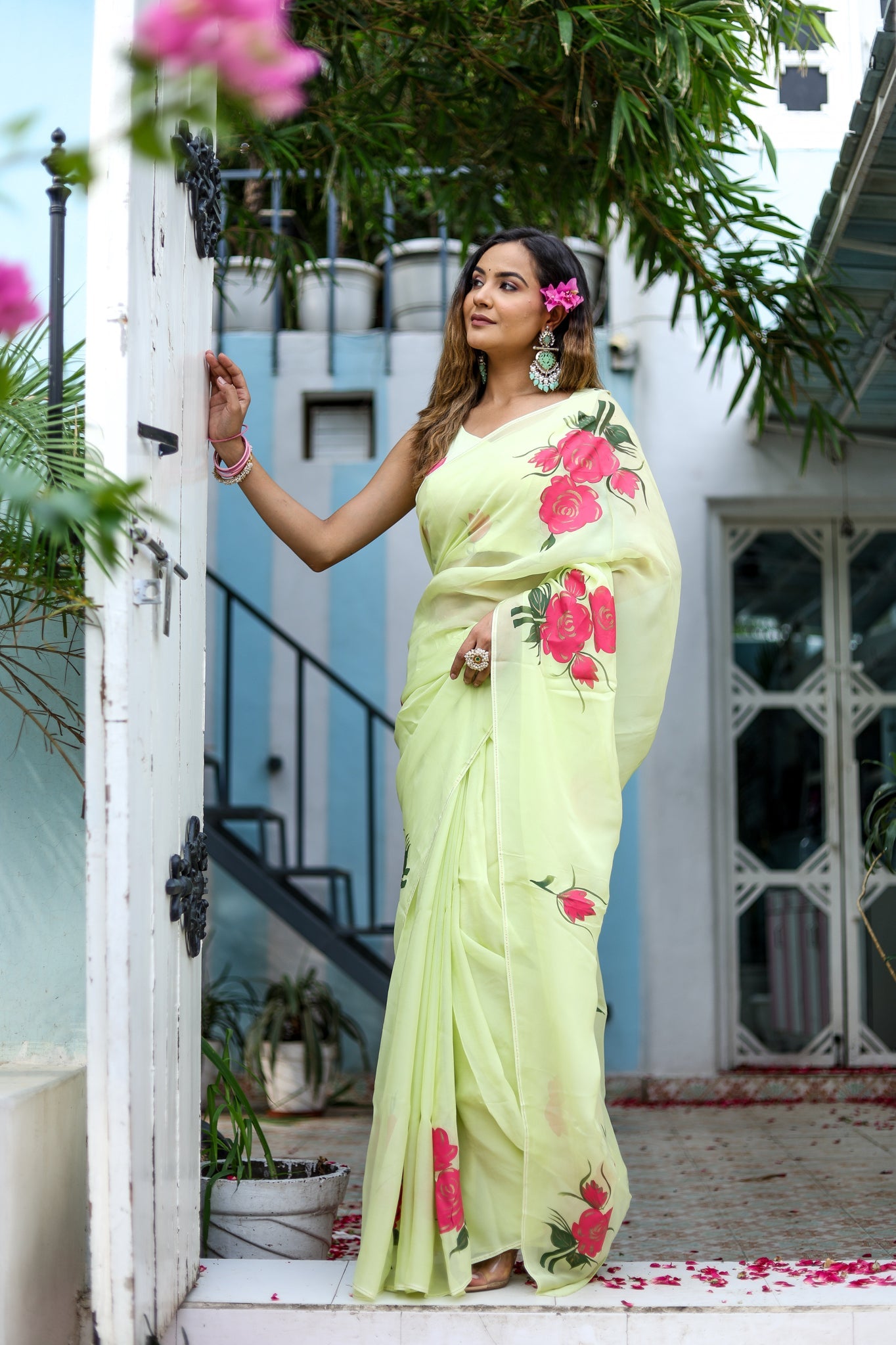 Delicate Green Silk Organza Handpainted Saree Floral